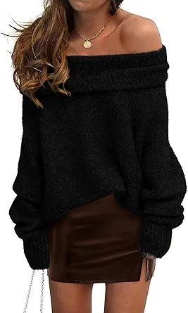 PRETTYGARDEN Women's Off The Shoulder Sweater Long Sleeve Tops 2025 Fall Loose Knit Pullover Sweaters Winter Clothes