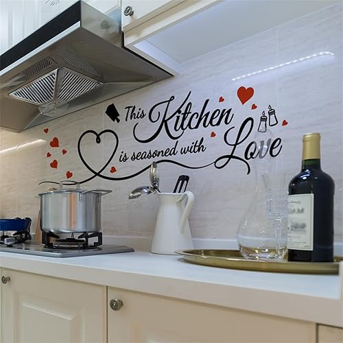 Calcomanías de pared con texto en inglés This Kitchen is Seasoned with Love para cocina, calcomanías de pared removibles, decoración de pared de