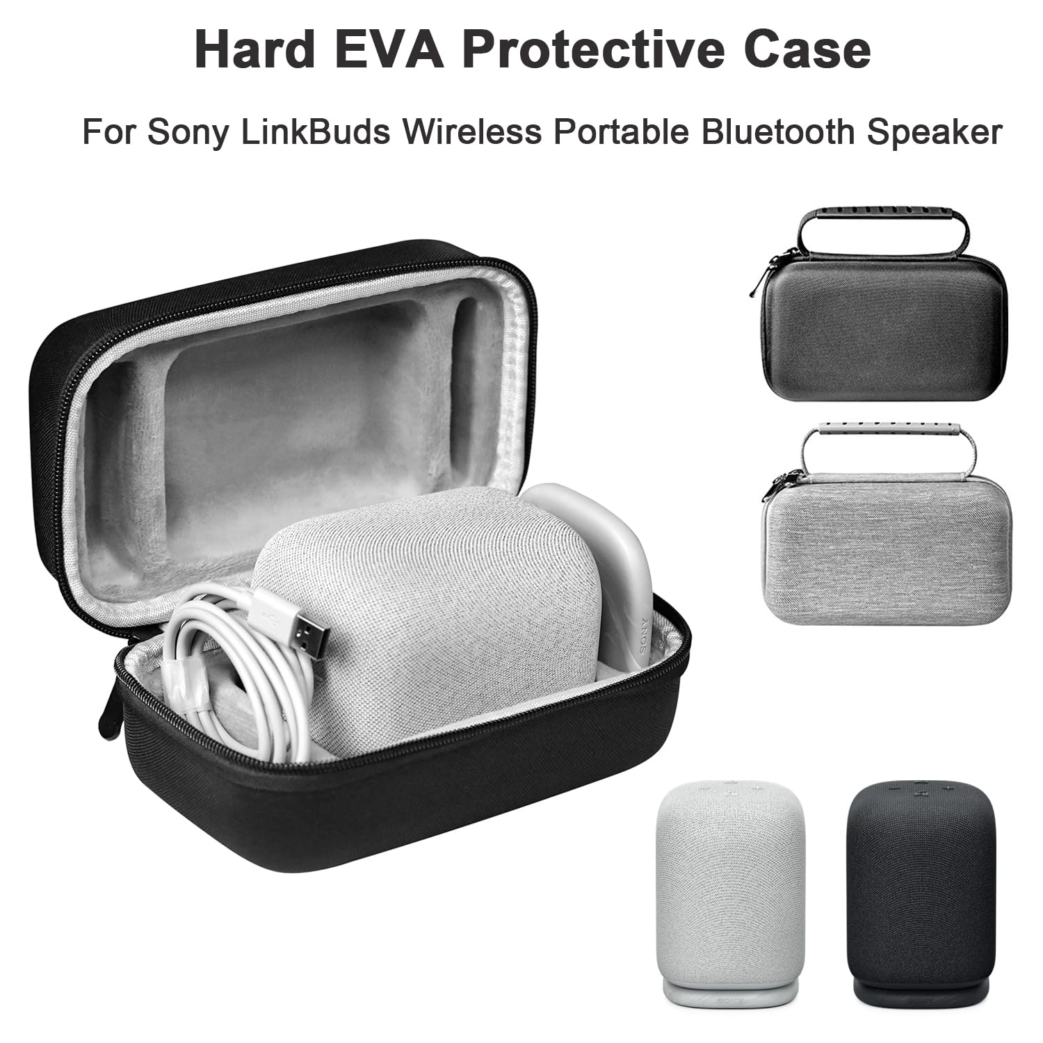 Hard EVA Protective Case for Sony LinkBuds Wireless Portable Bluetooth Speaker, Shockproof Storage Bag with Custom Compartments for Earbuds, Charging Cradle & Cable (Black)