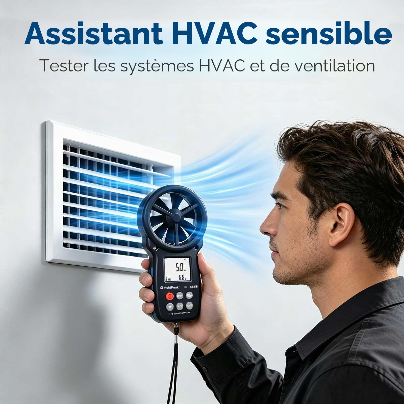 Anémomètre Portable, Anémomètre Numérique Haute Précision, Mesure la Vitesse du Vent, la Température, pour VMC, Extérieur, Drones HP-866B