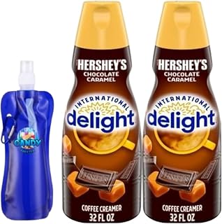 International-Delight Liquid Coffee Creamer.- Pack of Two (2) 32 fl oz Bottles of Creamy Smooth Delightful Coffee Creamer with Collapsible Water Bottle (Chocolate Caramel) Bottle