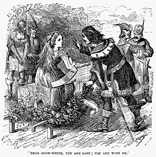 Grimm Snow White NDear Snow-White You Are Safe You Are With MeNsnow White In Her Glass Coffin Awakened By The Prince Wood Engraving 19Th Century For The Fairy Tale By The Grimm Brothers Poster Print b