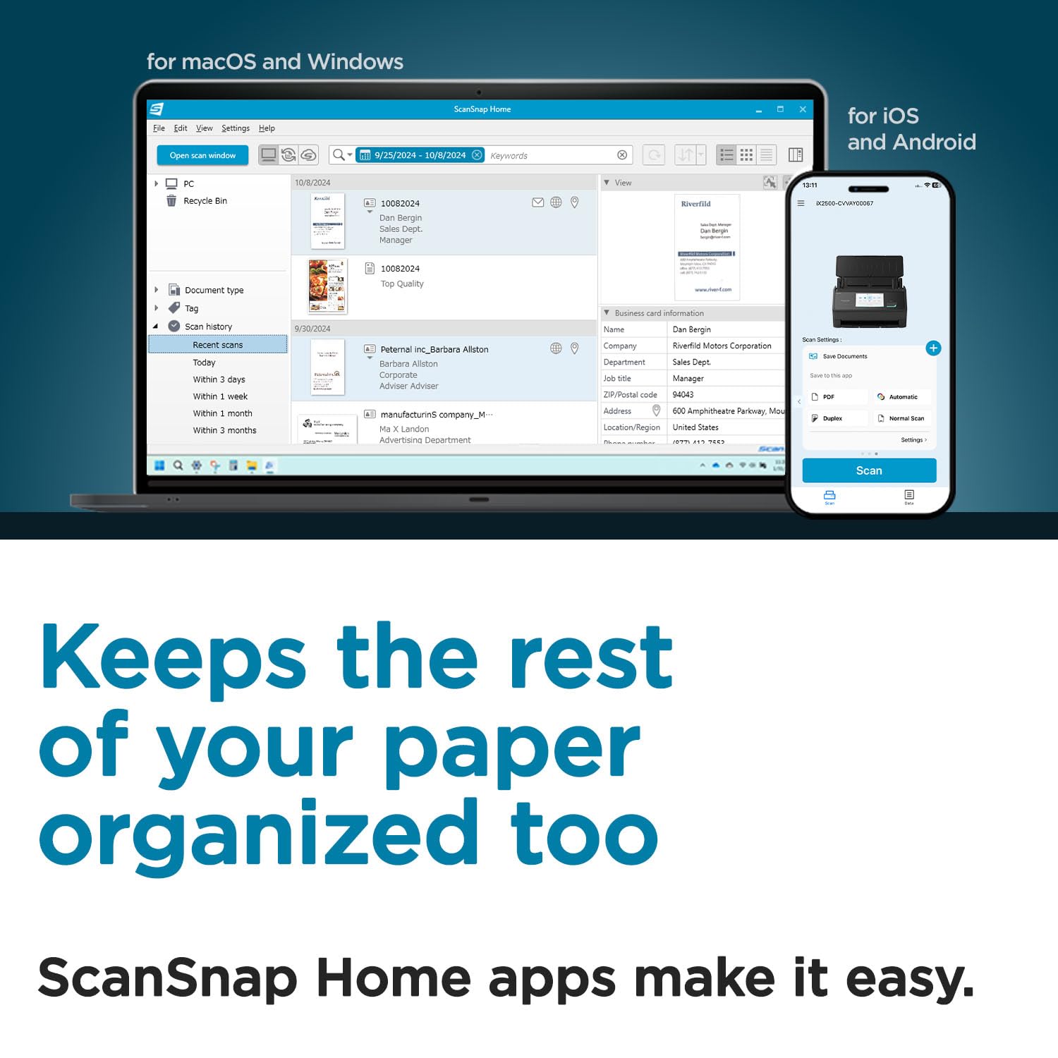 ScanSnap iX2500 Receipt Edition, Works with QuickBooks, Wireless or USB High-Speed Cloud Enabled Invoices & Receipts Scanner, 100 Page Auto Document Feeder for Mac or PC, Black — view 3