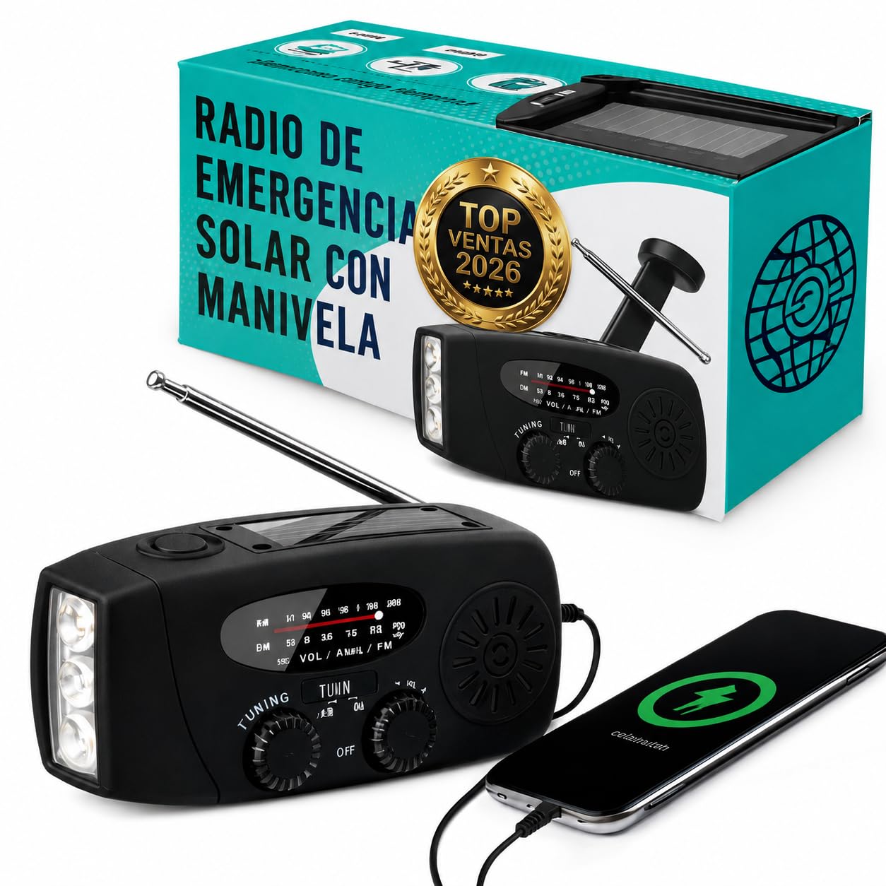 Radio Solar De Emergencia Con Manivela – AM/FM/NOAA, Linterna LED Y Power Bank De 2000mAh