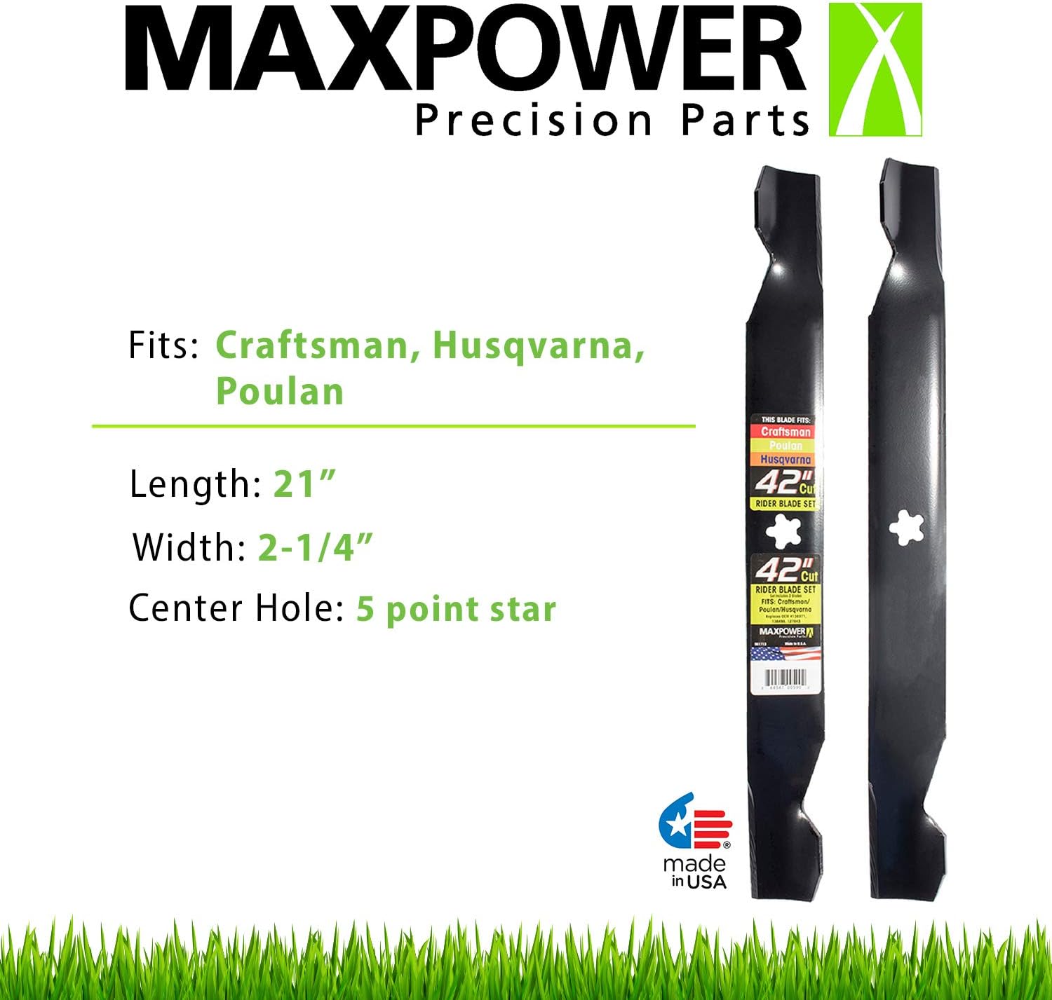 MaxPower 561713B 2-Blade Set for 42" Cut Poulan/Husqvarna/Craftsman Replaces 138498, 138971, 138971X431, 532138971, 53-21278-43, 53-21384-98, Black : Lawn Mower Blades : Patio, Lawn & Garden