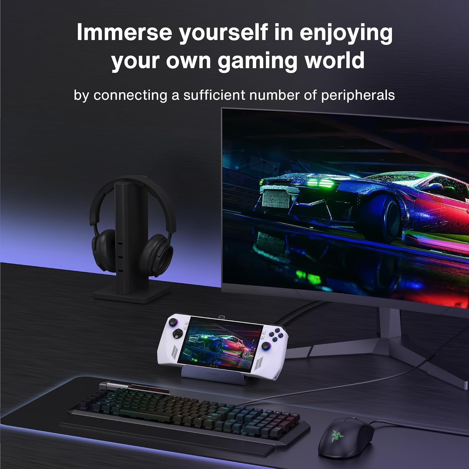 iVANKY ROG Ally Dock 8 in 1 con caricabatterie PD da 65 W, Steam Deck/Legion Go Docking Station con HDMI 2.0 4 K a 60 Hz, 3 USB-A 3.0, 100 W USB-C carica, 1 Gbps Ethernet