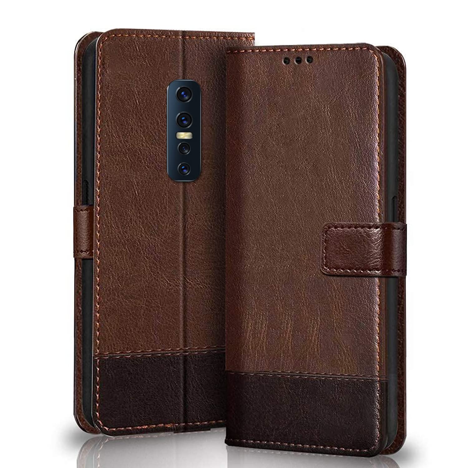 Winkel Premium Vegan Leather Dual Flip Magnetic Mobile Cover Case | Kickstand & Card Holder | 360 Degree Grip Protection| Wallet Type with Magnetic Closure for VIVO V17 Pro -(Brown with Coffee) (B09MFMKW48) Amazon Price History, Amazon Price Tracker