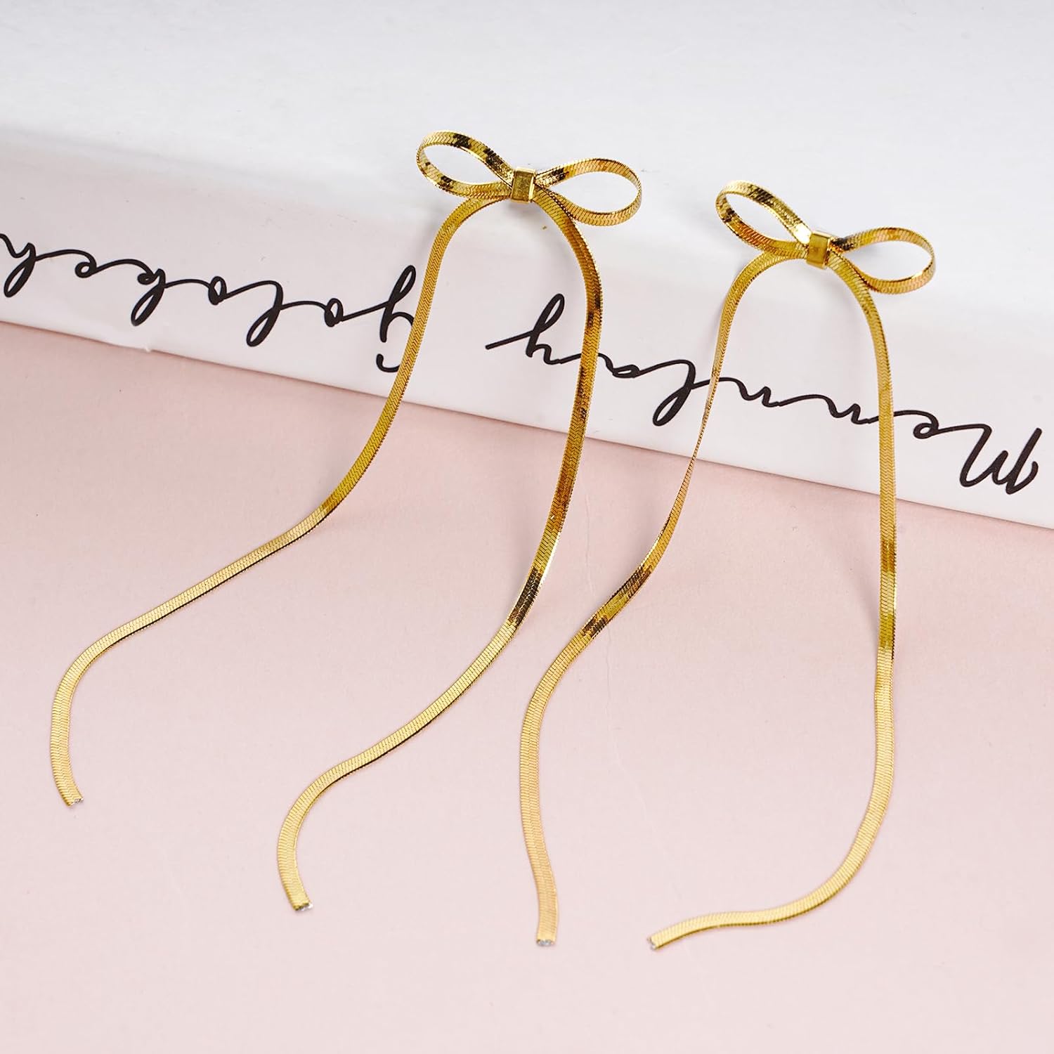 Rbenxia Bow Earrings for Women, Gold Plated Bow Dangle Drop Earrings, Long Tassel Chain Ribbon Bowknot Trendy Prom Earring Gold Jewelry Gifts for Her - Image 3