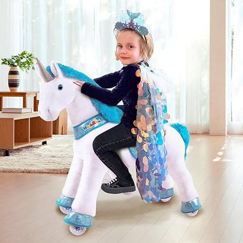 WondeRides Caballo de unicornio, caballo de caballo de caballo jinete azul, juguetes tamaño 3 para niños de 3 a 4 años, 30.1 pulgadas de altura,