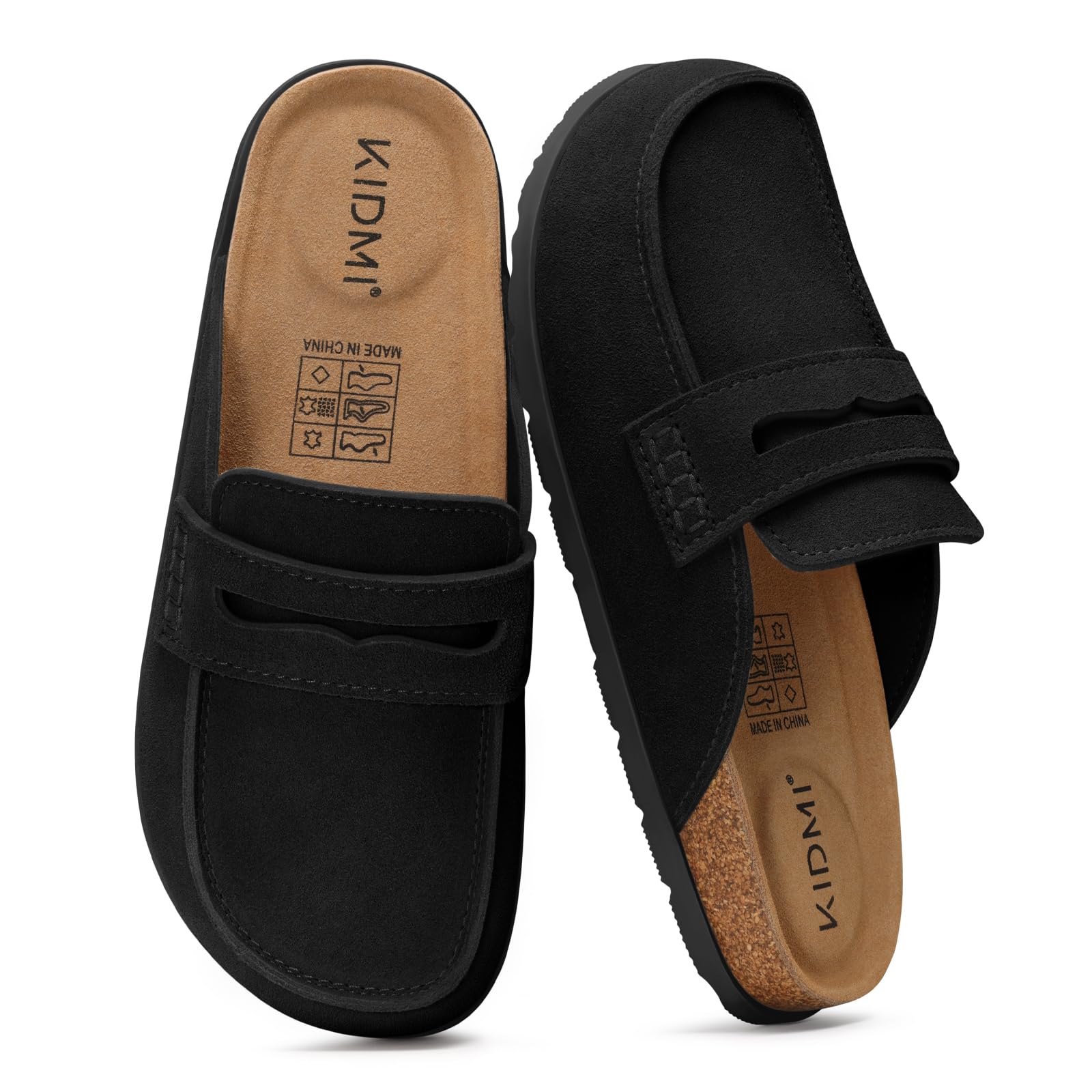 KIDMI Women's Genuine Suede Loafer Style Clogs Mules, Black, Size 41