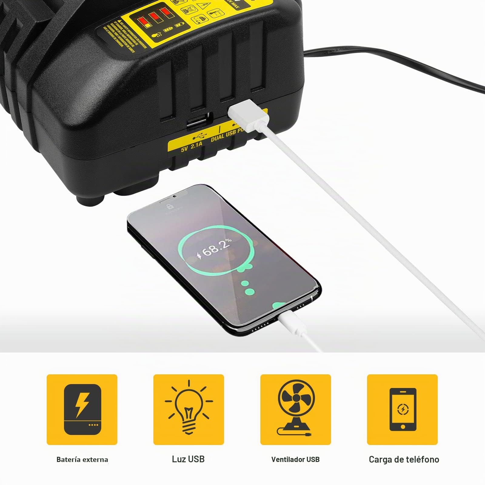 Cargador de batería de 4 Puertos Compatible con Dewalt 18 V XR DCB104, ASUNCELL 3A 12V-20V MAX Li-Ion Cargador rápido Compatible con Dewalt DCB batería (con 2 Puertos USB 2,1A)