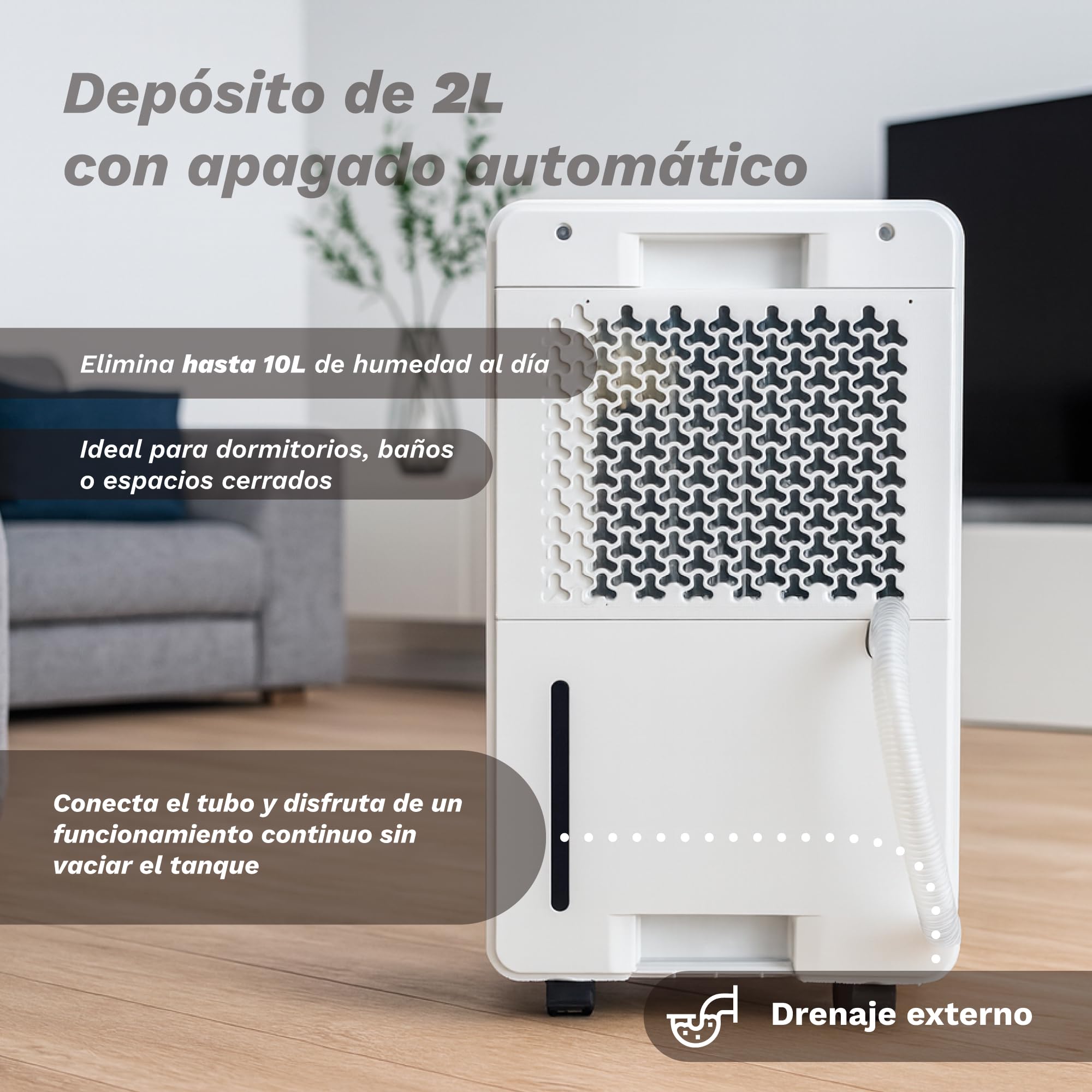 Grunkel Drytek Deshumidificador portátil 10L/día con WiFi y app, drenaje continuo, panel táctil, 100m³/h, depósito 2L, 240W bajo consumo, silencioso 42dB y temporizador 24h (16L/día)