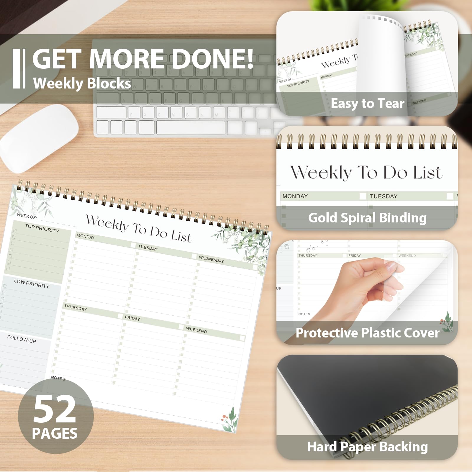 Blocco note settimanale per lista delle cose da fare, planner senza data con 52 fogli (21,9 x 27,9 cm), agenda settimanale da scrivania per donne e uomini, casa, scuola e lavoro (foglia)