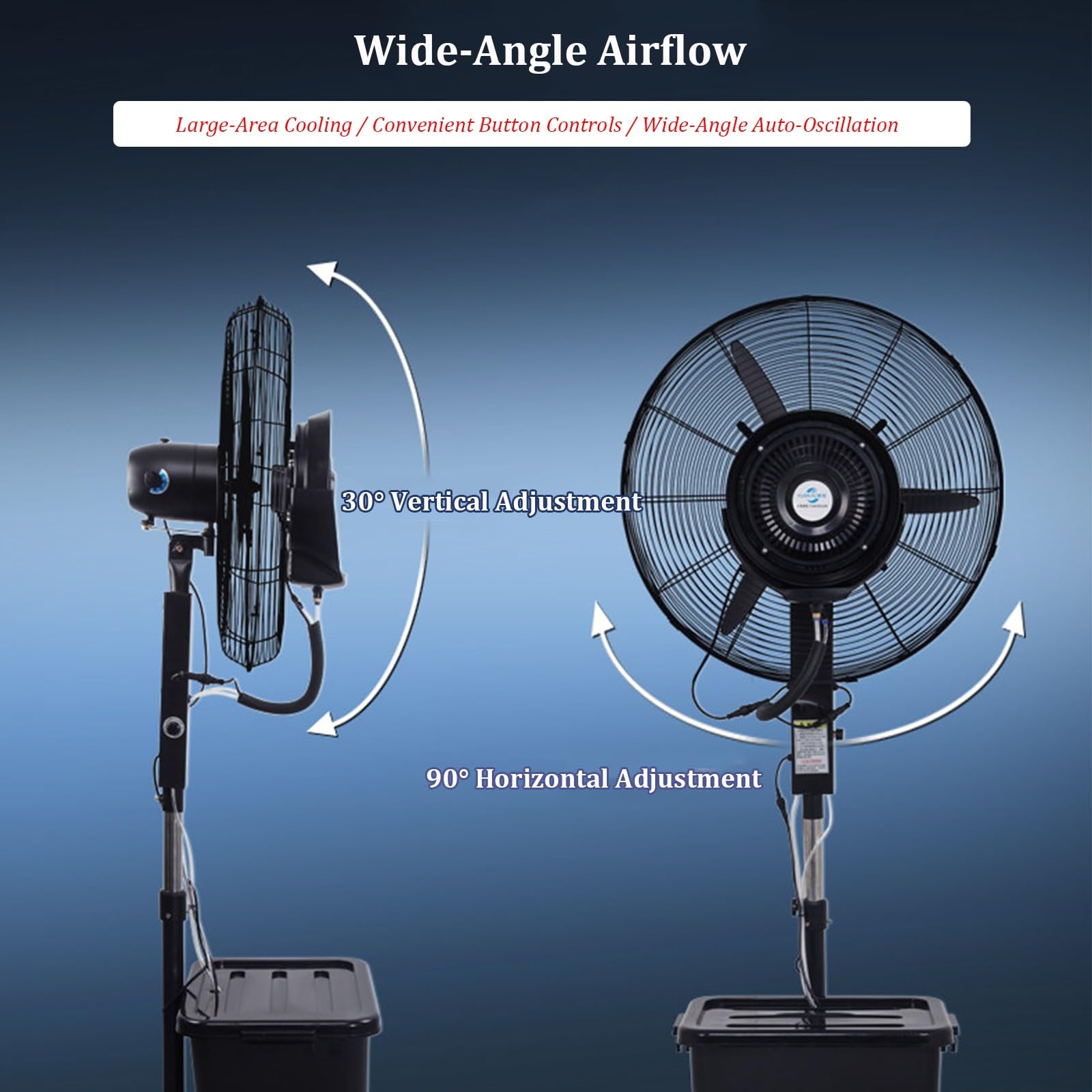 Ventilatore nebulizzatore oscillante da esterno, ventilatore a piantana oscillante silenzioso, altezza regolabile e 3 velocità, serbatoio dell'acqua da 42 litri, ventilatore(65cm)