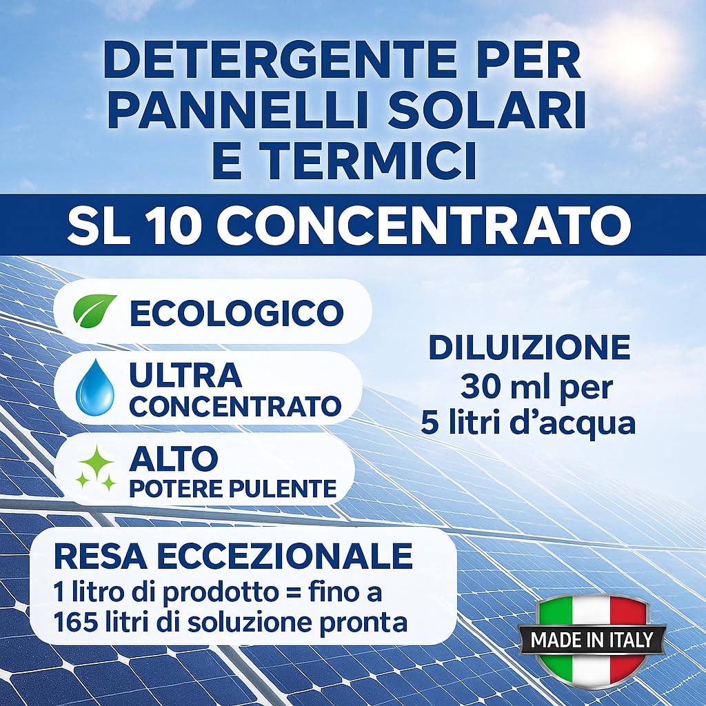 Komiprotect® SL10 Solar clean fast Detergente per Pannelli solari Concentrato, Pulitore per Pannelli Fotovoltaici e Termici, Migliora la Resa Energetica (5 lt (1 confezione))