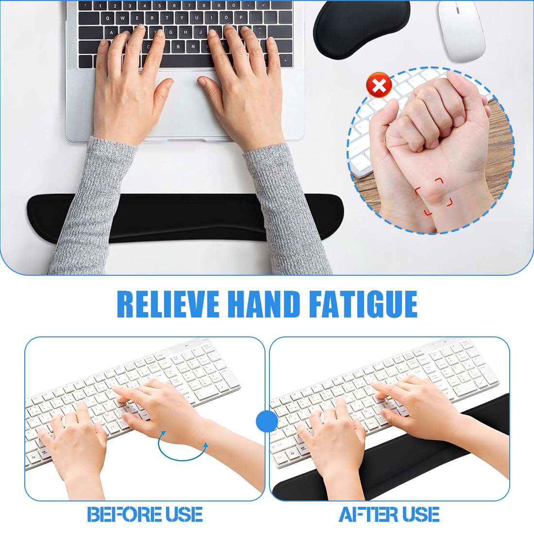 Ergonomic Wrist Rest with Anti-Slip for Keyboard and Numeric Keypad, Comfortable Typing Support