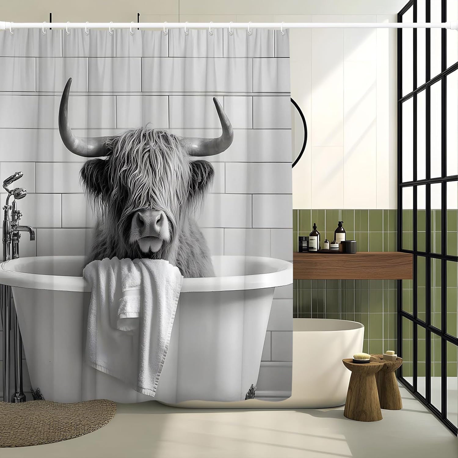 Funny Highland Cow Shower Curtain Western Cattle is Sitting in The Bathtub and Taking a Bath Farmhouse Animal Vintage Gray Background Decorative Curtain with Polyester Fabric