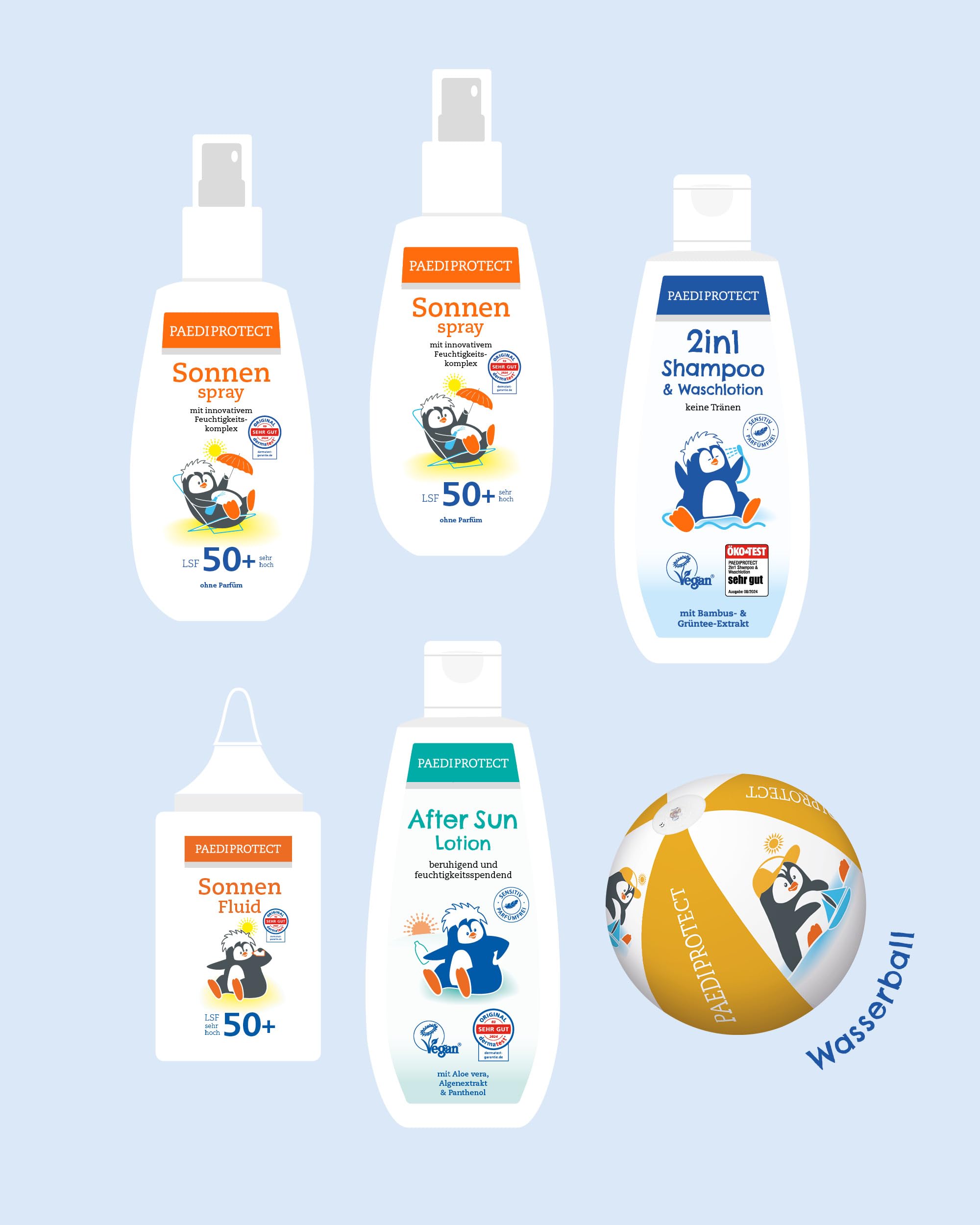 PAEDIPROTECT set estivo per neonati e bambini prodotti per la protezione solare e la cura della pelle, incl. 2x crema solare marina, 1x crema solare per il viso, 1x shampoo e lozione 2in1, 1x lozione