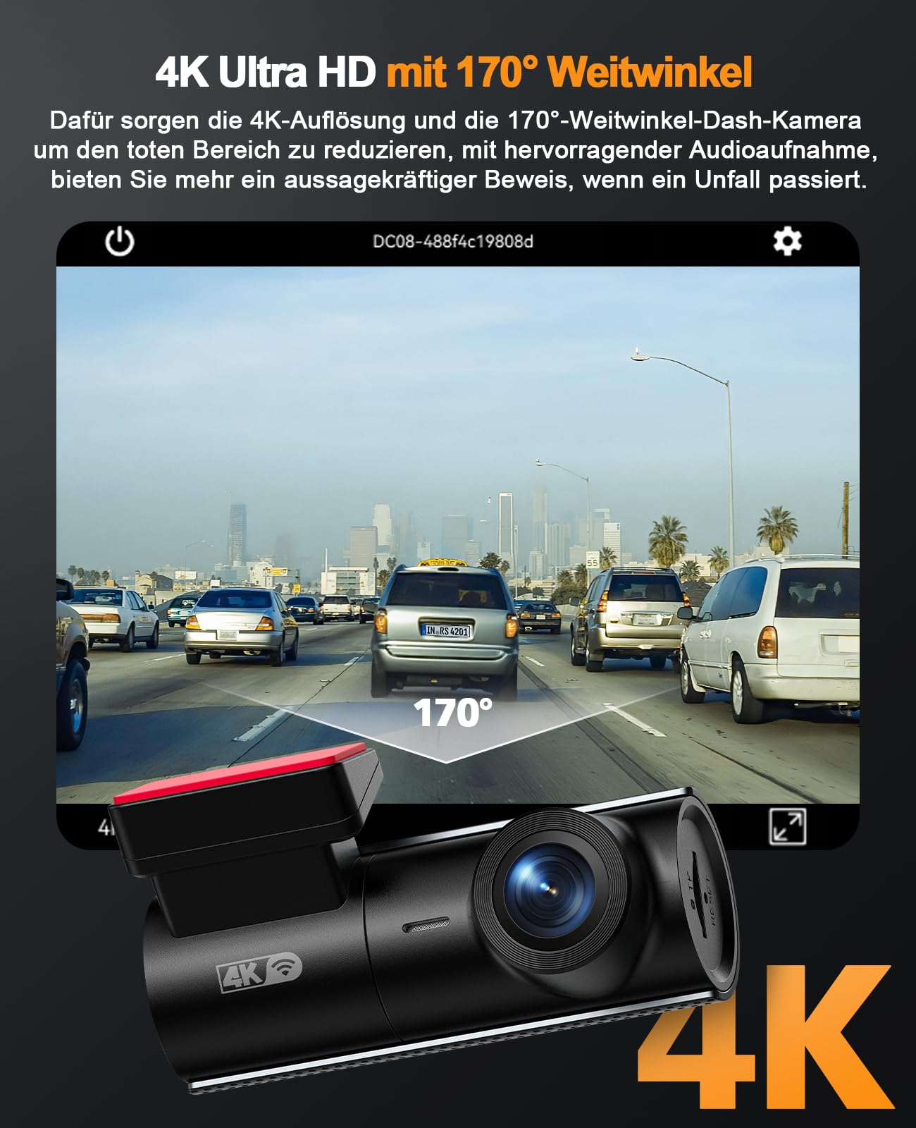 LAMTTO Dashcam anteriore per auto, 4K, con scheda WiFi SD, WDR, visione notturna, sensore G | Mini dash cam 4K UHD con registrazione in loop, grandangolo di 170°