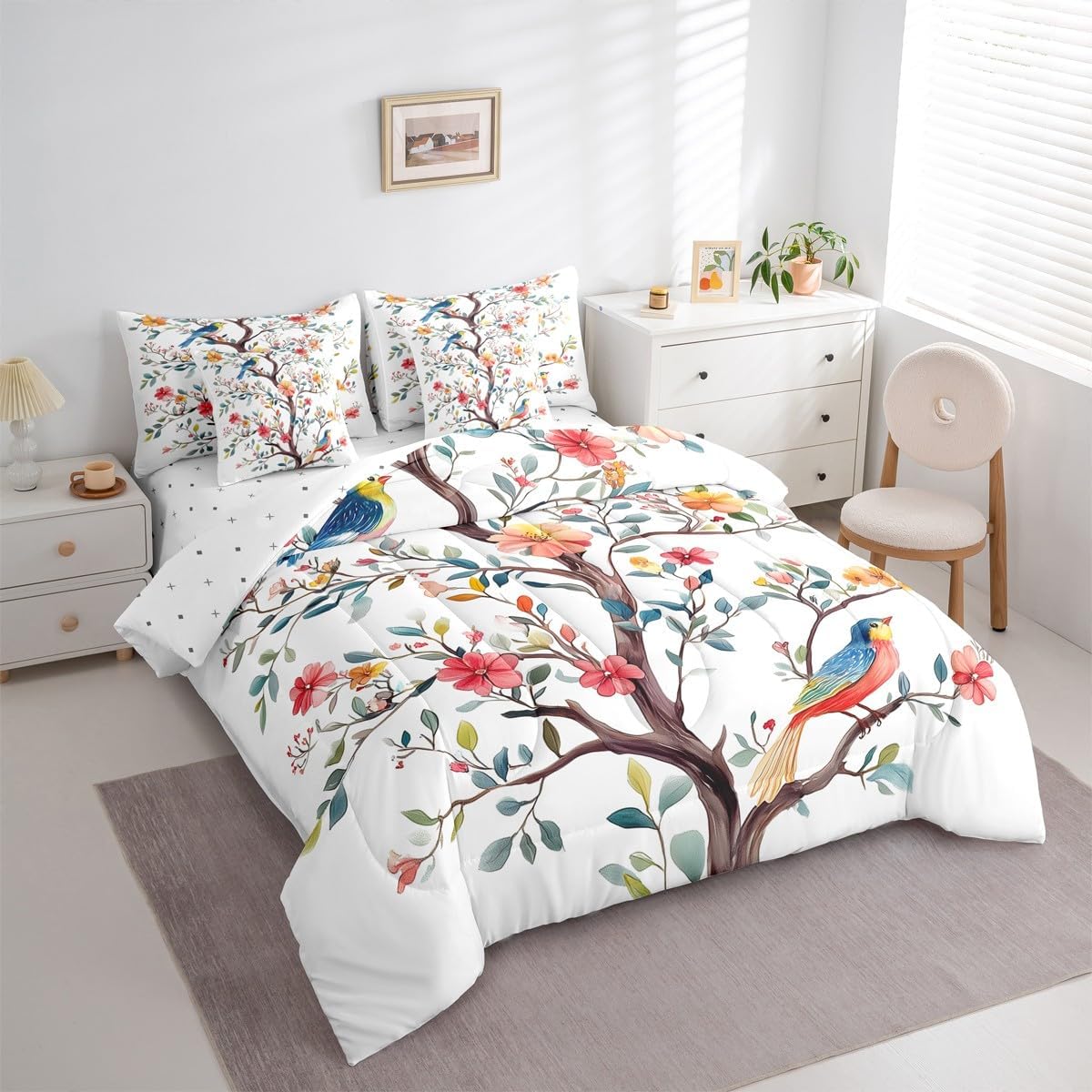Erosebridal Branches 7 Piece Bedding Set Twin Size Colorful Birds Bed in A Bag Blue Red Vintage Flowers Petals Comforter with Sheets Romantic Girly Style Bed Sets