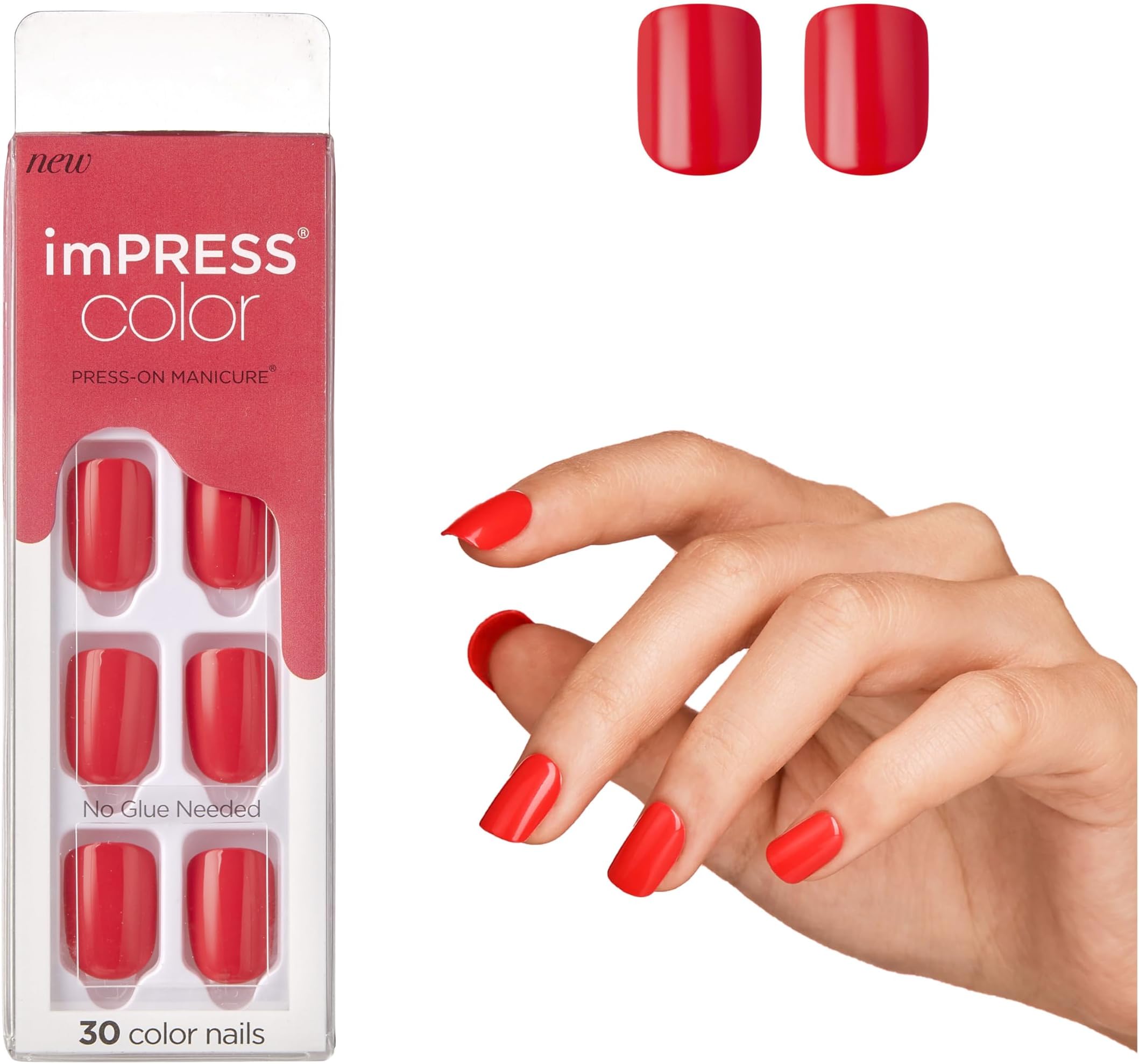 KISS imPRESS Color Press-On Manicure, Gel Nail Kit, PureFit Technology, Pre-Glued, “Corally Crazy”, Polish-Free Solid Colour Mani, Includes Prep Pad, Cuticle Stick, and 30 Fake Nails, red, coral
