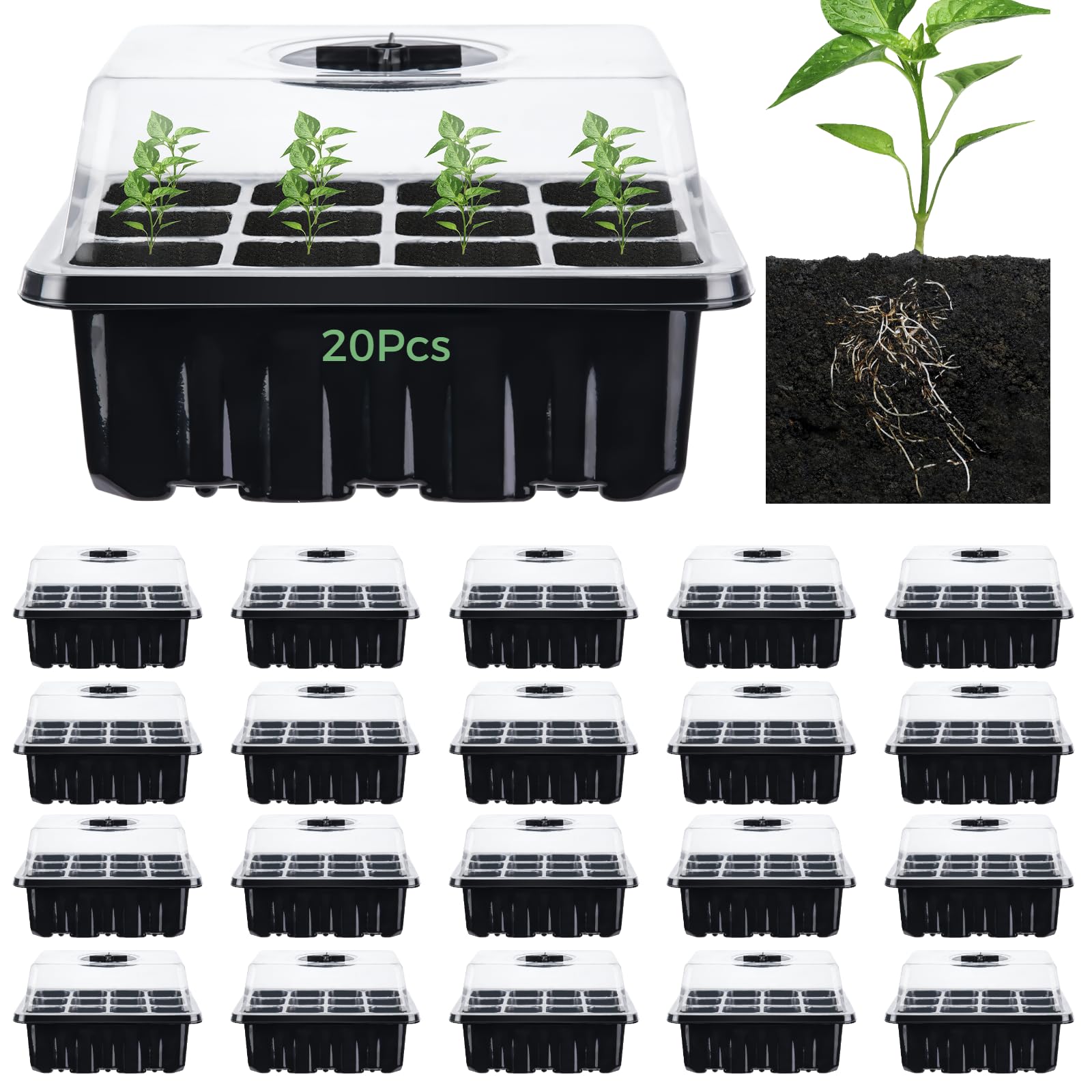 yeesport 240 Cells Seed Starter Trays Kit, 20Pcs Reusable Seed Starting Trays with Humidity Domes and Drain Holes, Plant Growing Propagation Trays, Transparent Seed Starters for Greenhouse & Gardens