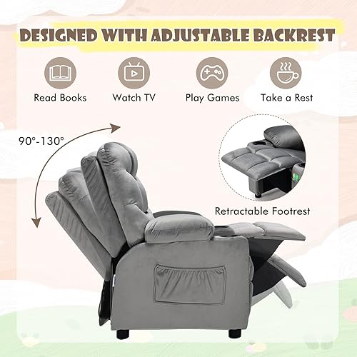 Miniatura 4 de COSTWAY Silla Reclinable Más Grande para Niños, Sillón Reclinable de Descanso Ajustable con 2 Portavasos, 1 Bolsillo Lateral, 2 Bolsillos