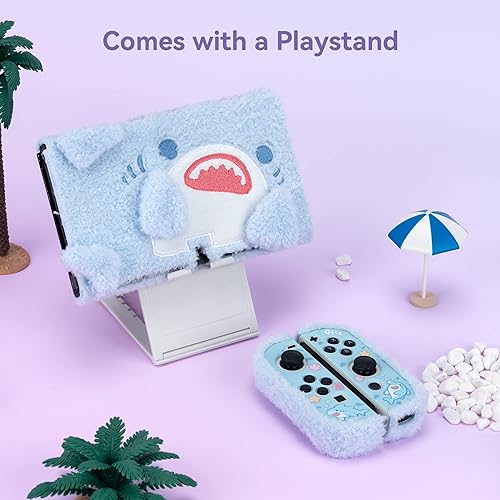 Miniatura 6 de GeekShare Bonita funda protectora de felpa, absorción de golpes y antiarañazos, compatible con el modelo OLED de Nintendo Switch, tiburón de peluche
