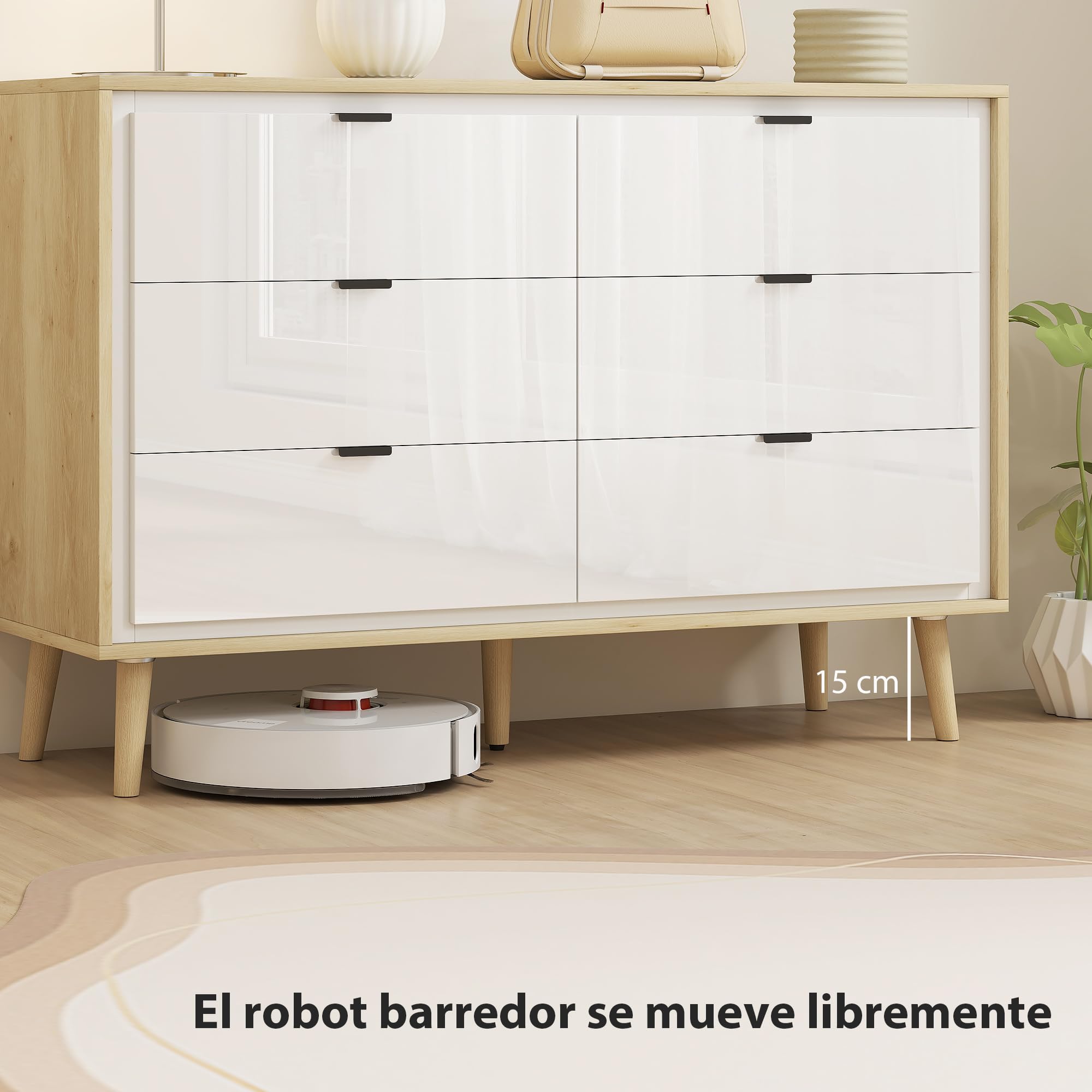 HOMCOM Cómoda 6 Cajones con Frente de Blanco Brillo 110x40x75 cm Roble | Cómoda Dormitorio con Patas de Madera, Cajonera para Salón, Oficina, Estilo Moderno