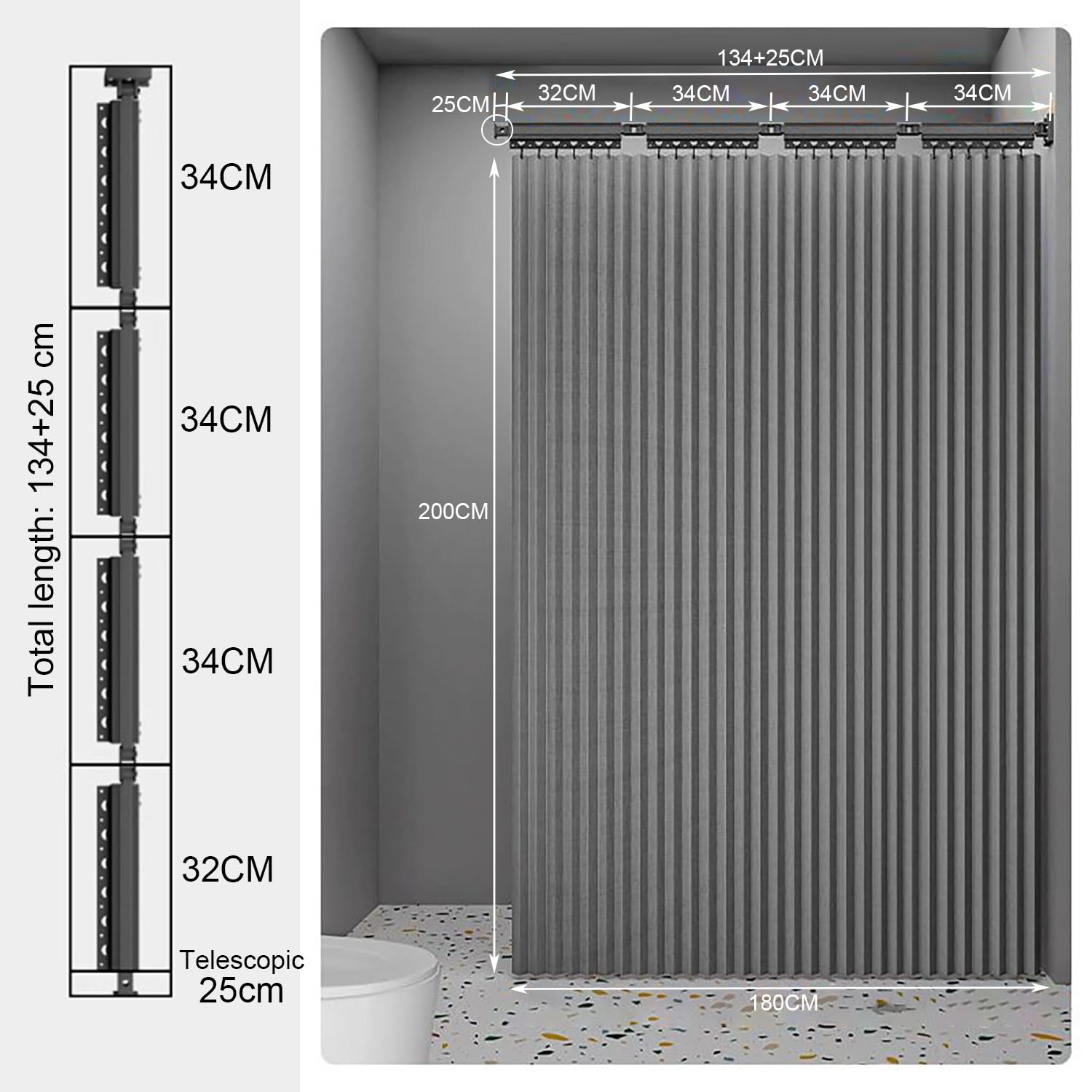 Rideau Douche Anti Moisissure，Barre de Douche Angle Sans Percage，Douche Angle Réglable/Extensible, Perforation/Collage, Rideaux de Douche Imperméable Tissu en Lin，Rangement Invisible（180x200cm）