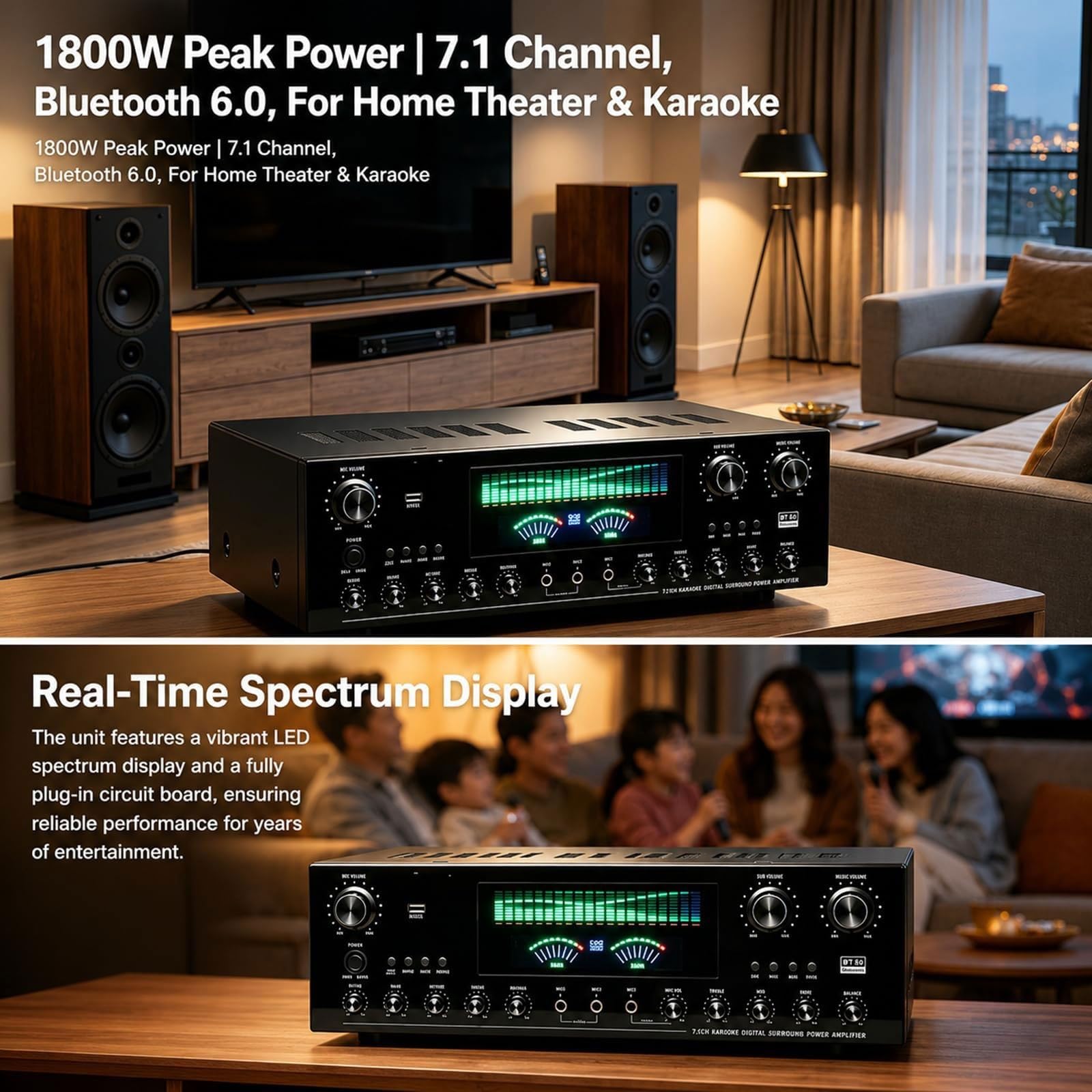 Récepteur stéréo d'amplificateur Audio Domestique 1800 W 7.1 canaux, amplificateur Bluetooth 6.0, entrée Optique/coaxiale/USB, entrées Micro, karaoké, for Haut-parleurs de cinéma Maison(A)