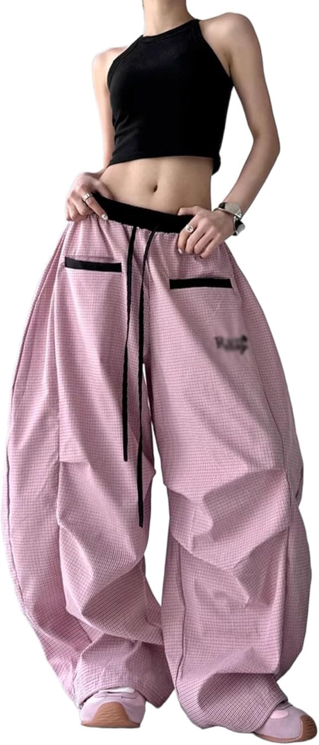 Unilexi Women's Baggy Hip Hop Pants Y2K Cargo Pants Wide Leg Elastic Waist Parachute Sweatpants Casual Curved Trousers