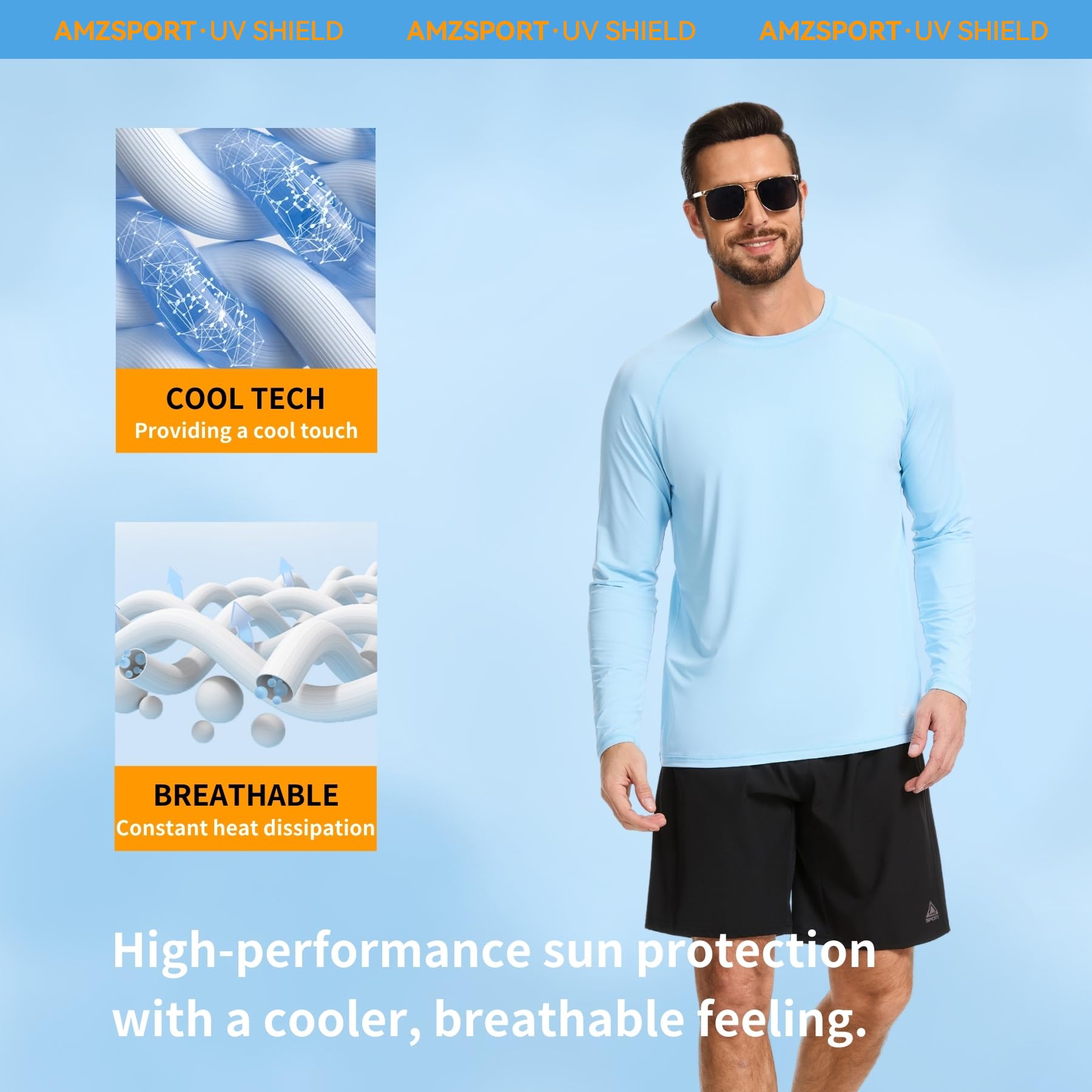 AMZSPORT Camiseta UV Hombre Rashguard UPF 50 Protección Solar Manga Larga Transpirable Secado Rápido para Pesca Surf Senderismo