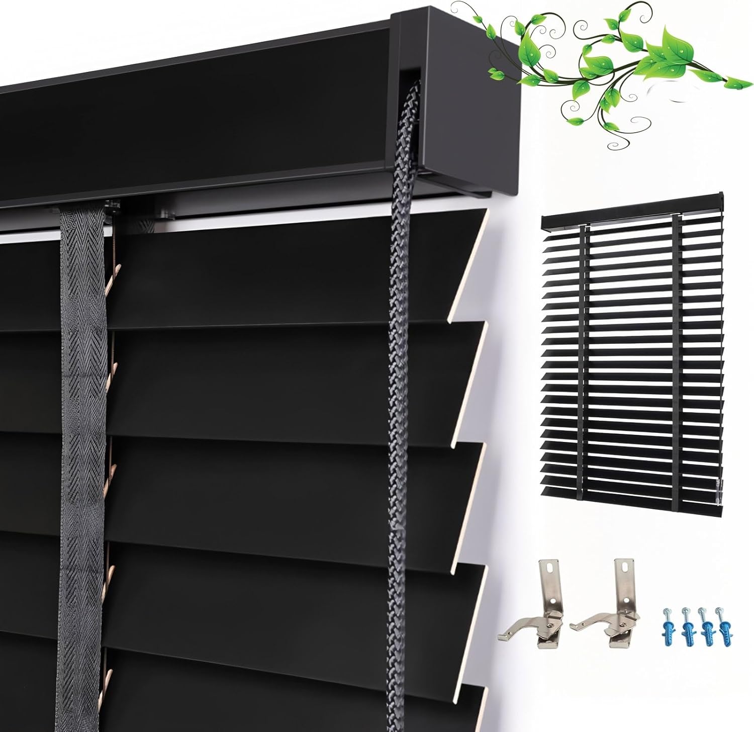 2 Inch Black Faux Wood Blinds for Indoor Window, Wooden Mini Blind Cordless, Horizontal Blinds Shades Curtain Privacy Blind for Window Door(Wood)