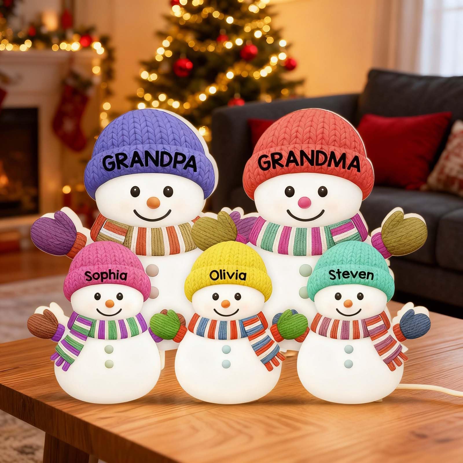 Drawelry Custom Name Snowman Night Light, Personalized Christmas Snowman Decoration, Custom LED Lights Box with Names,Family Light Decorations,Xmas Gift (Snowman Family 7)