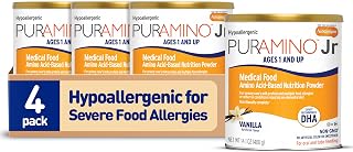 PurAmino Junior Hypoallergenic Toddler Drink, for Severe Food Allergies, Omega-3 DHA, Iron, Immune Support, Powder Can, 14.1 Oz (Pack of 4)