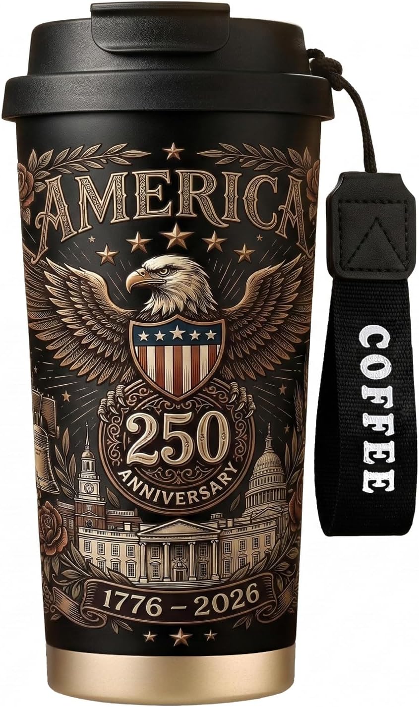 250th Anniversary Coffee Mug, 18 oz Insulated Mug, 250 Years America Garden Flag, Vintage Patriotic Design with 1776-2026 Dates, Military Anniversaries, Retirement & Holiday Commemorative Gift, Black