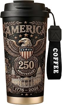 250th Anniversary Coffee Mug, 18 oz Insulated Mug, 250 Years America Garden Flag, Vintage Patriotic Design with 1776-2026 Dates, Military Anniversaries, Retirement & Holiday Commemorative Gift, Black