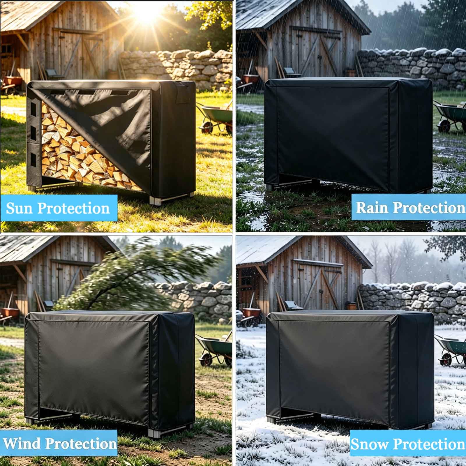 Copertura Resistente per Porta-Legna, Tessuto Oxford 600D, Copertura Impermeabile per Esterni con Fibbia e Nastro a Strappo (Porta-Legna Non Incluso),Nero,365x61x122cm