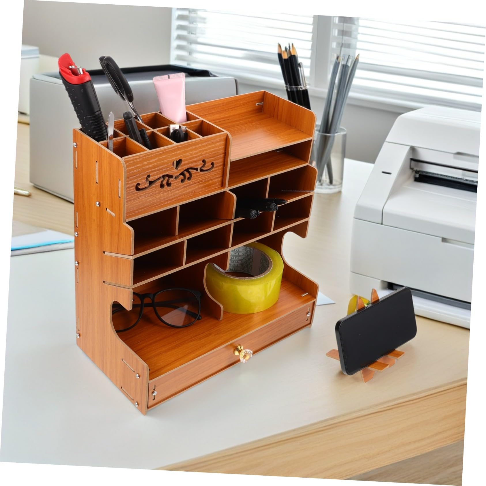 Caja de Almacenamiento para Porta Bolígrafos de Madera Organizador de Escritorio con Múltiples Compartimentos para Bolígrafos Lápices y Artículos de Papelería para Oficina
