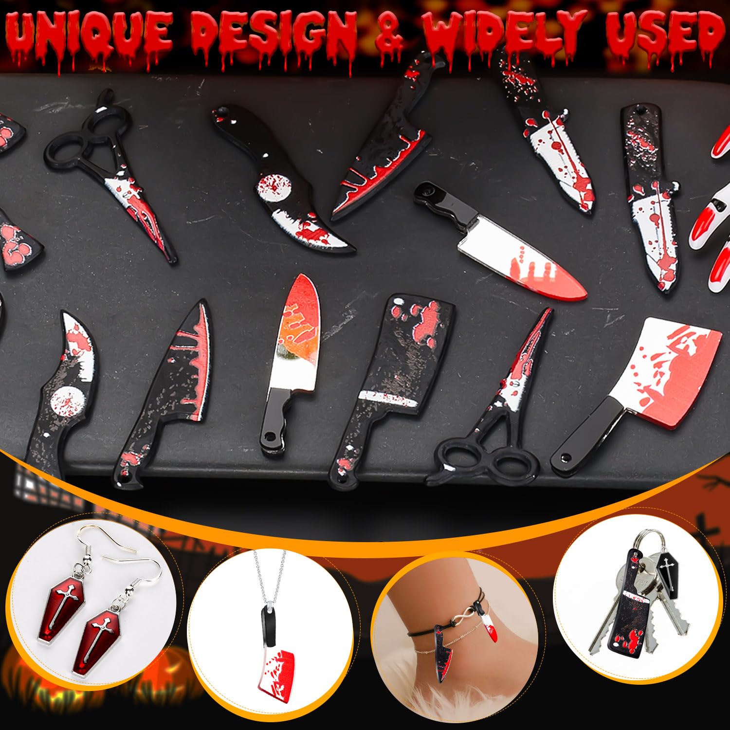 5/10 Sanglant Couteau De Cuisine Couperet Horreur HALLOWEEN Acrylique Charme Bijoux Bracelet Collier Fabrication Bricolage Royaume-Uni (avec Anneau) - France