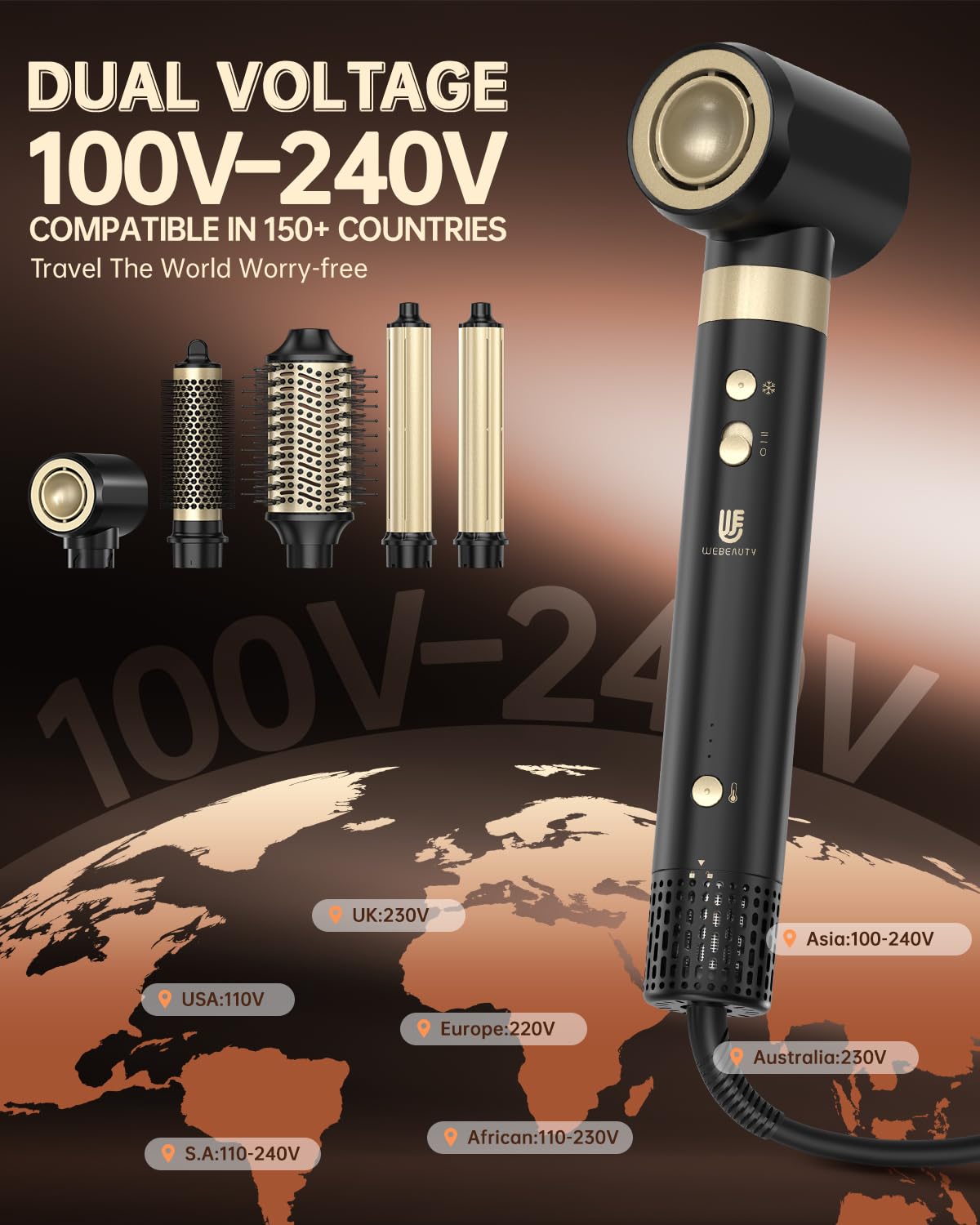 webeauty [podwójne napięcie] 6 w 1 suszarka do włosów, 110 000 obr./min, 25 m/s, 500 milionów jonów ujemnych, z szczotką do suszenia, okrągłą szczotką do suszenia, lokówkami Air Lock, czarna | 110,000 obr./min, 30 M/S, jonowa suszarka do włosów z 2 szczot