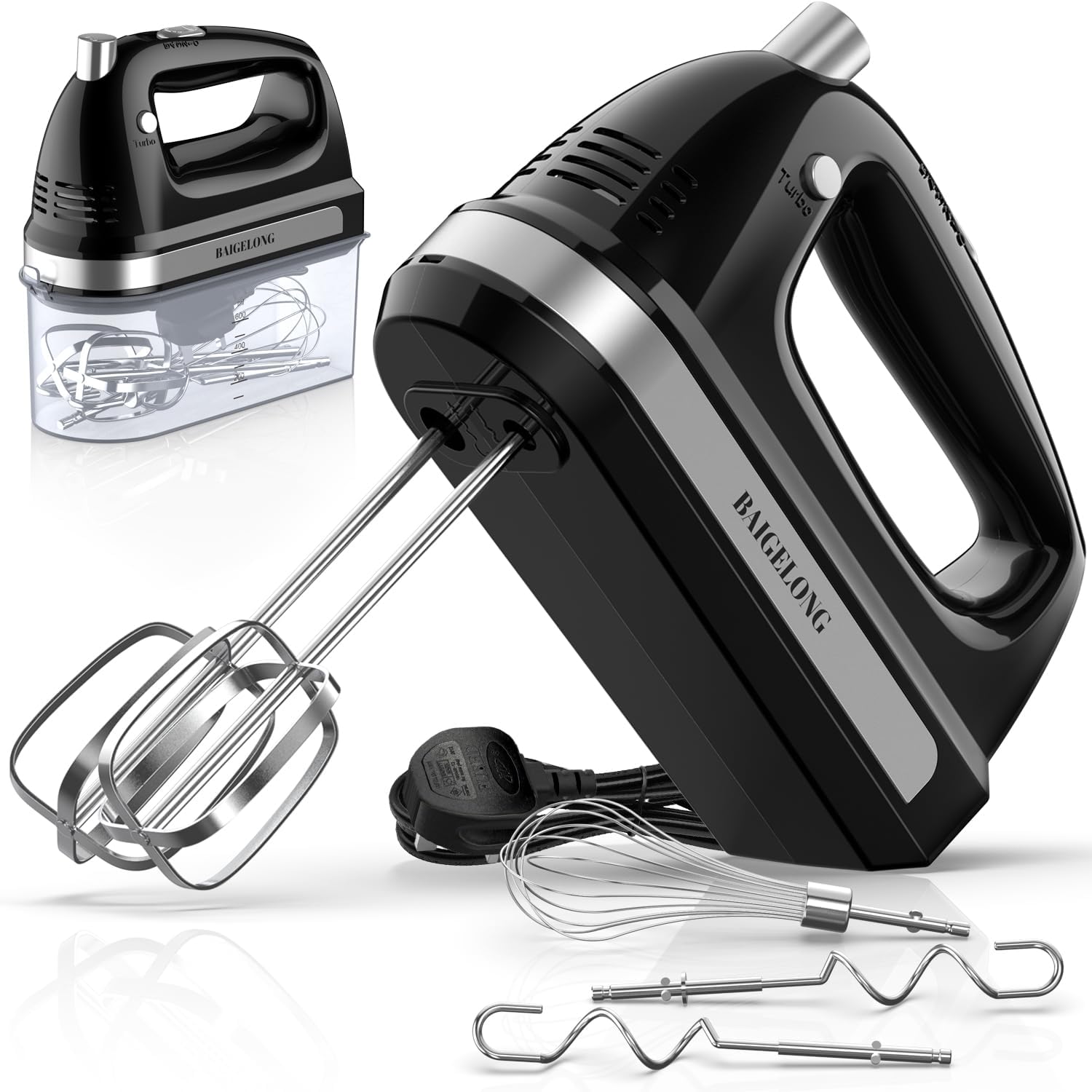 BAIGELONG Hand Electric Mixer, 300W Ultra Power Food Kitchen Mixer with 5 Self-Control Speeds + Turbo Boost, 5 Stainless Steel Attachments Handheld Blender for Baking, BLACK