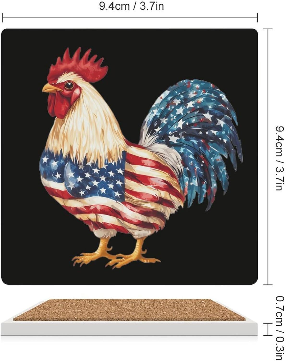 Cute Rooster in U.S.A. Flag Pattern Funny Ceramic Coasters for Drinks Absorbent Cup Holder Tabletop Protector with Cork Base