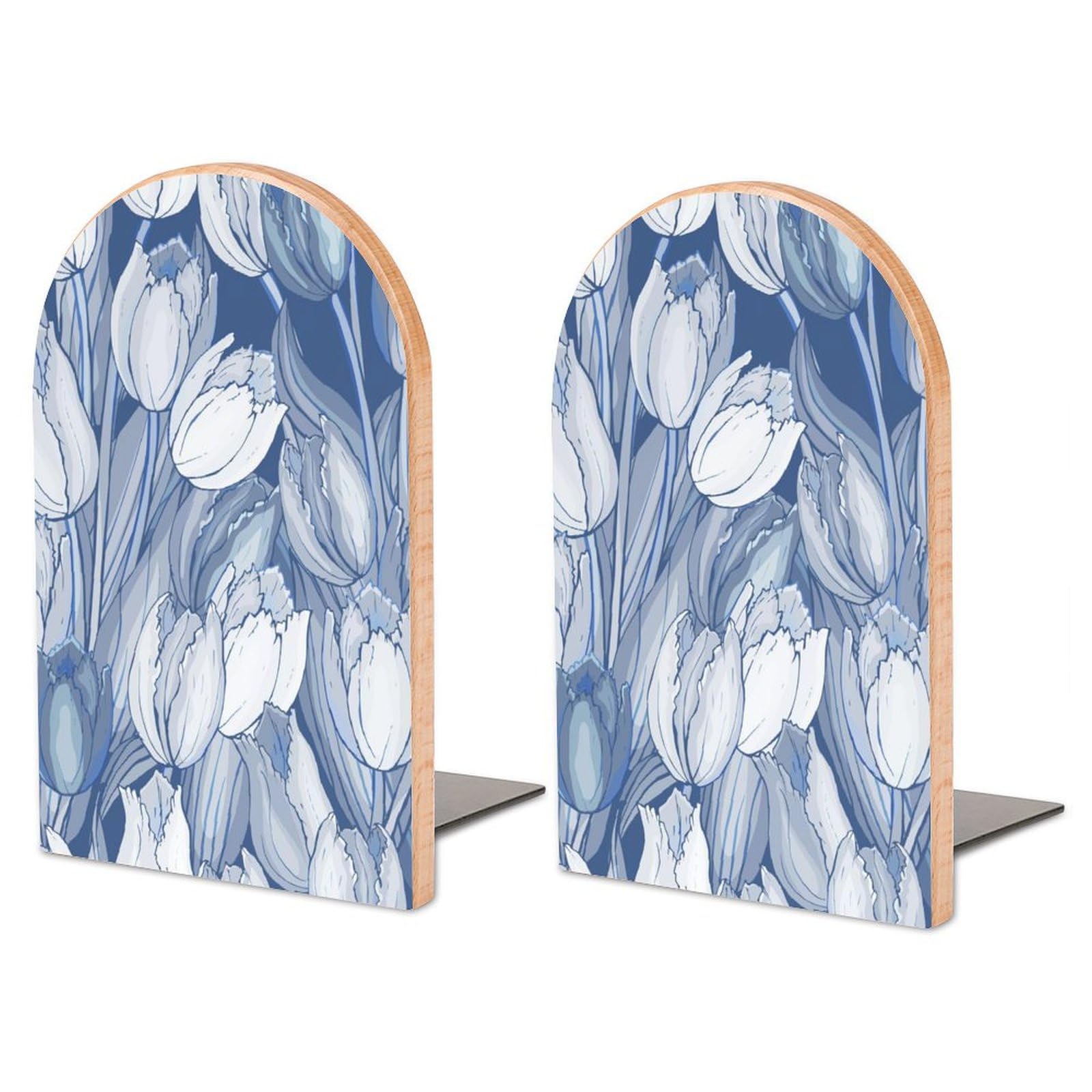 Blue-Tulips-Floral-Pattern Wood Decorative Large Book Ends for Shelves to Hold Books Heavy Duty Non-Slip Book Stoppers Office Home