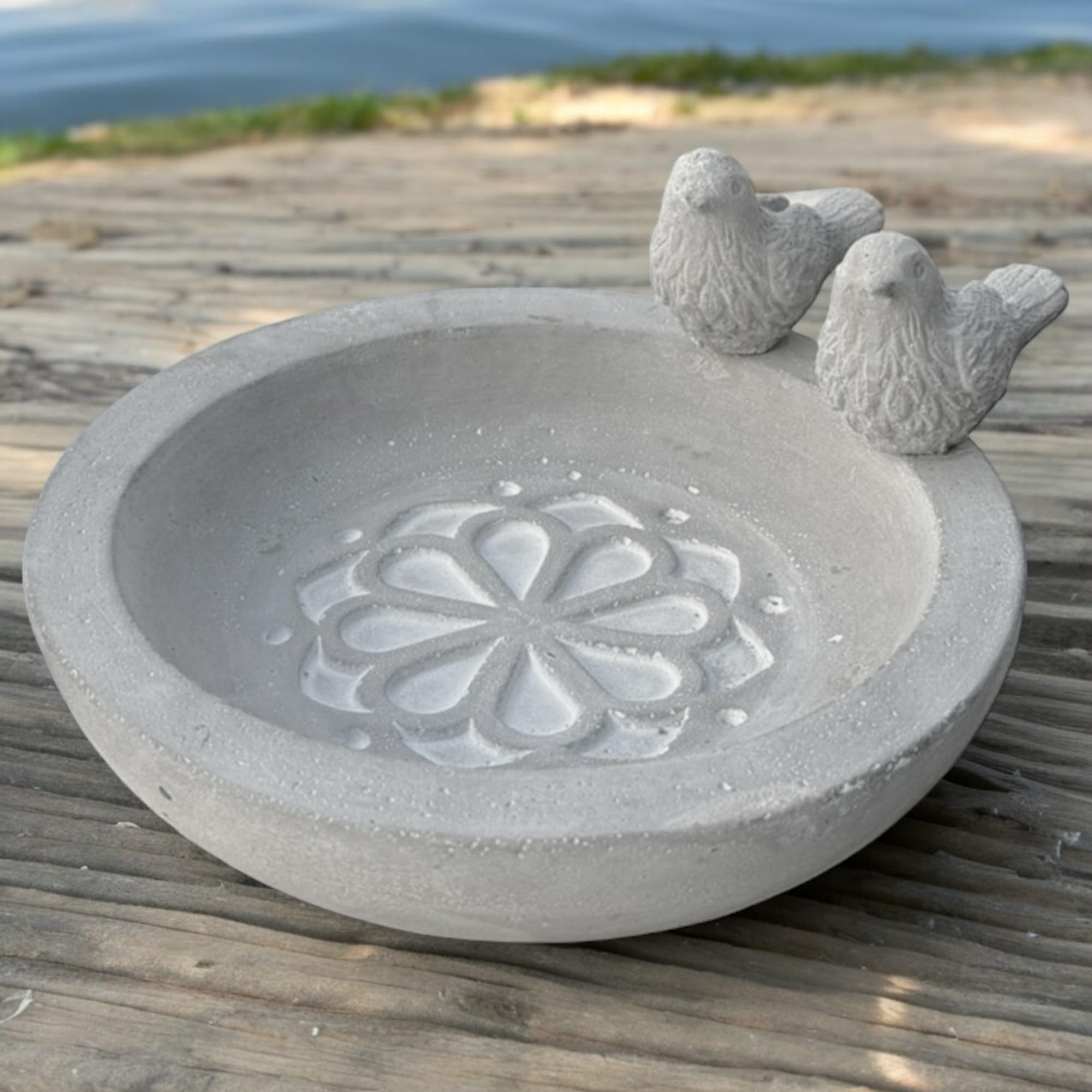 MIJOMA Bain d'oiseaux en ciment, décoration de jardin résistante au gel, pour oiseaux sauvages, bijou de jardin élégant (fleurs et oiseaux)