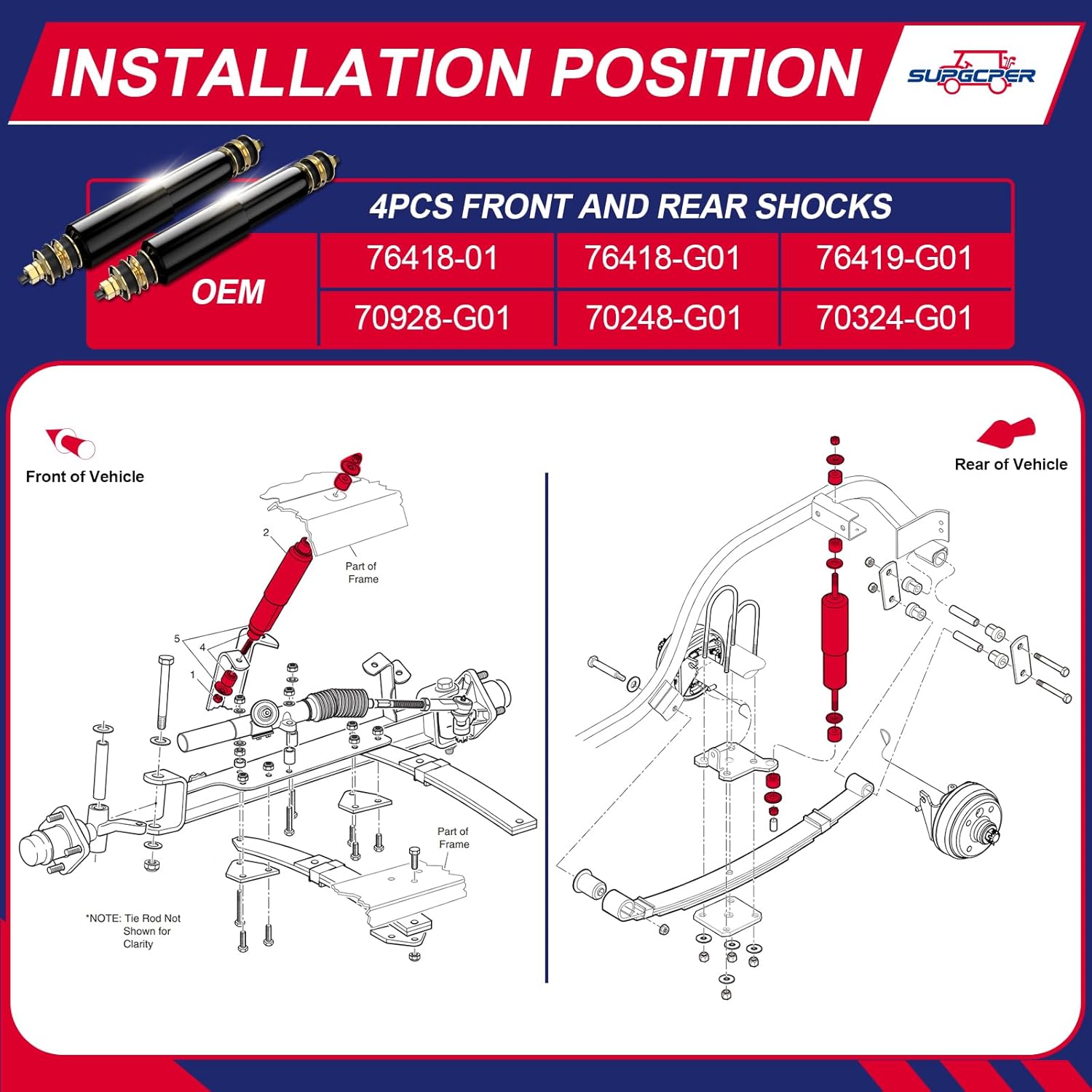 4PCS EZGO Front and Rear Shocks, 1994-UP EZGO TXT Shock Absorbers Gas and Electric, Golf Cart Front and Rear Shock Absorbers, EZGO TXT Shocks Replacement# 76418-G01, 70928-G01