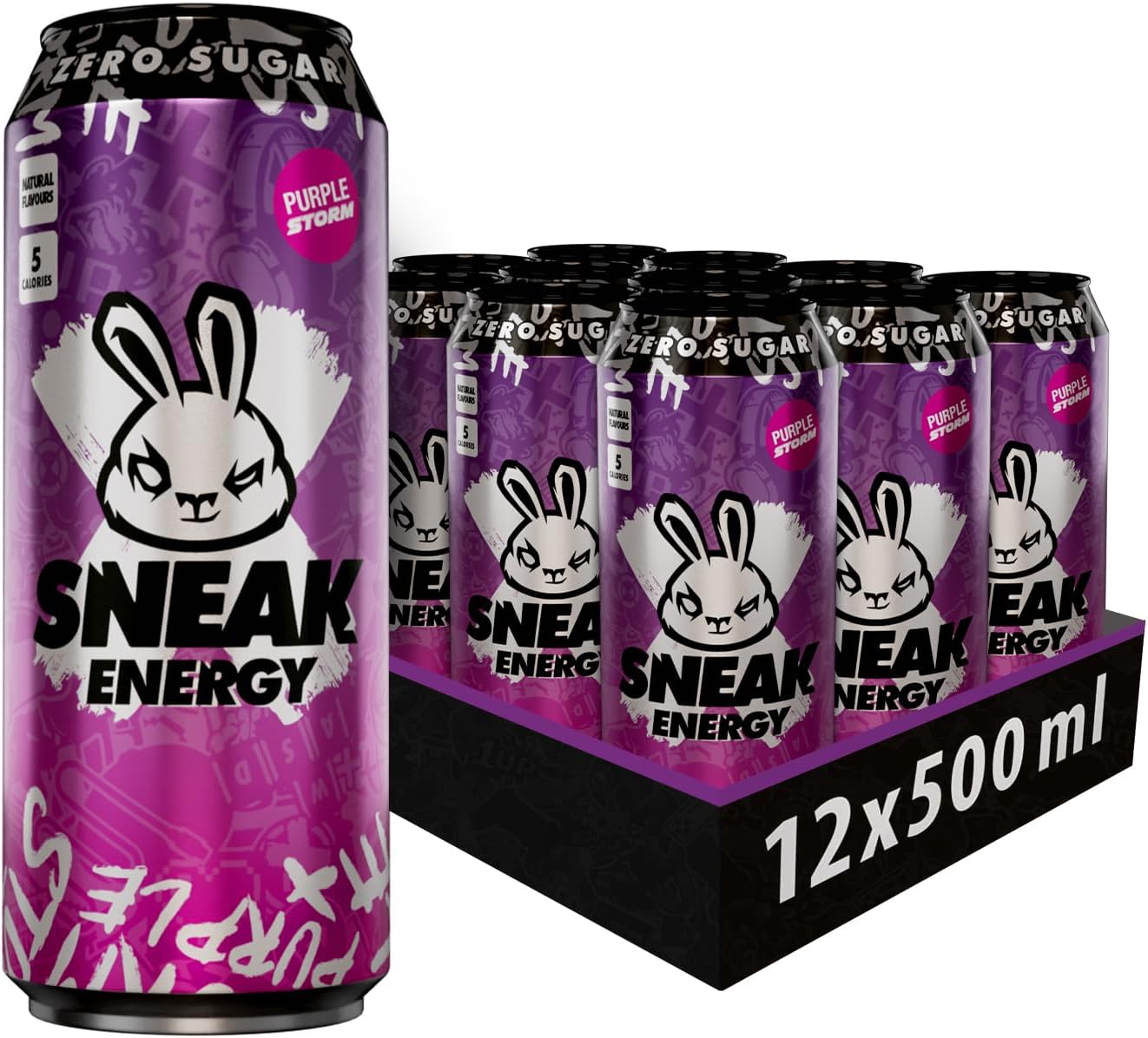 Cans Purple Storm | In-Game Focus Boost Energy Drink, Zero Sugar, Low-Calorie, Vegan | 500ml x 12