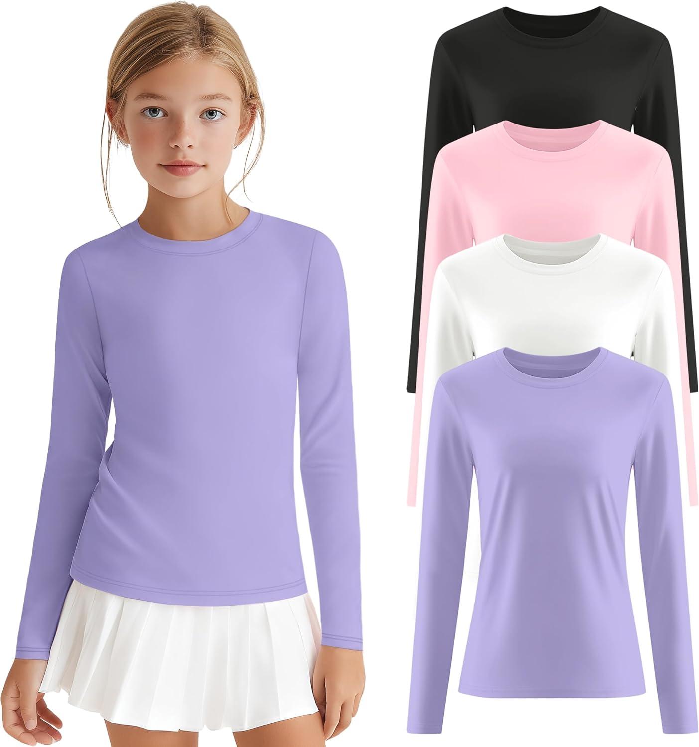 4 Pack Girls Long Sleeve Athletic Shirts Kids Activewear Tops Basic Yoga Crew Neck Sports Teen Youth Tees