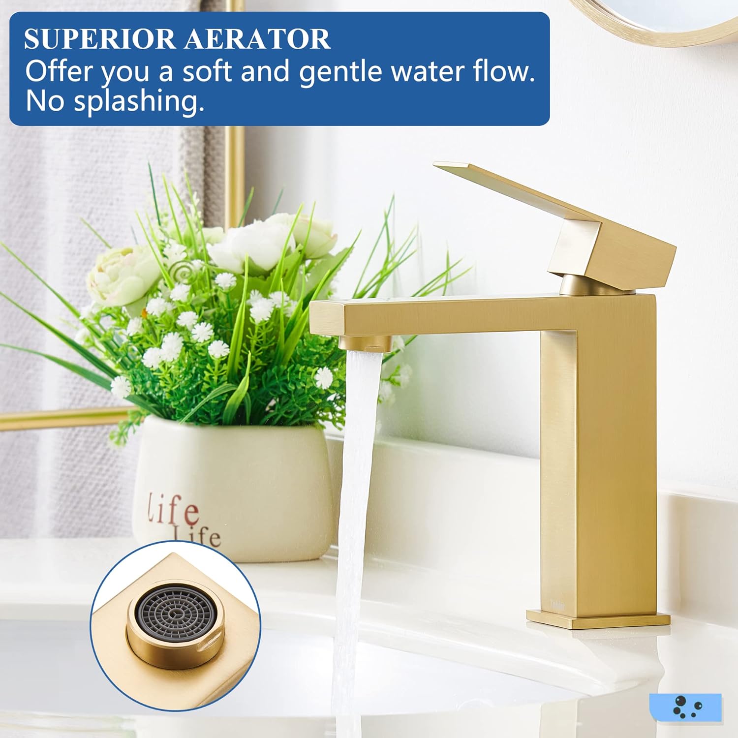 Tohlar Gold Bathroom Faucet, Brushed Gold Faucet for Bathroom Sink, Gold Single Hole Bathroom Faucet Modern Single Handle Vanity Basin Faucet with Overflow Pop Up Drain Stopper and Water Supply Lines - Image 2